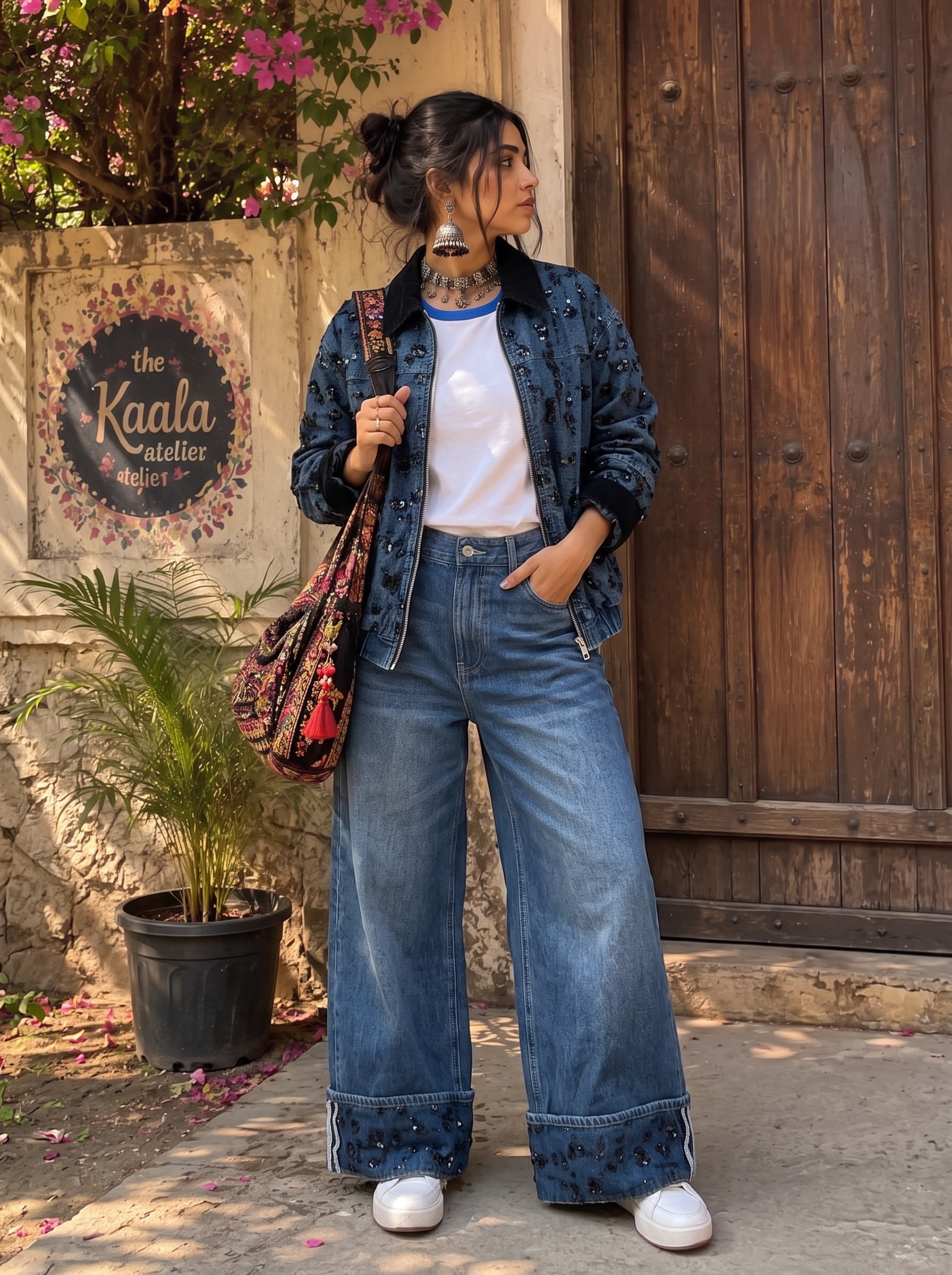 Wide-Leg Sequin Jeans