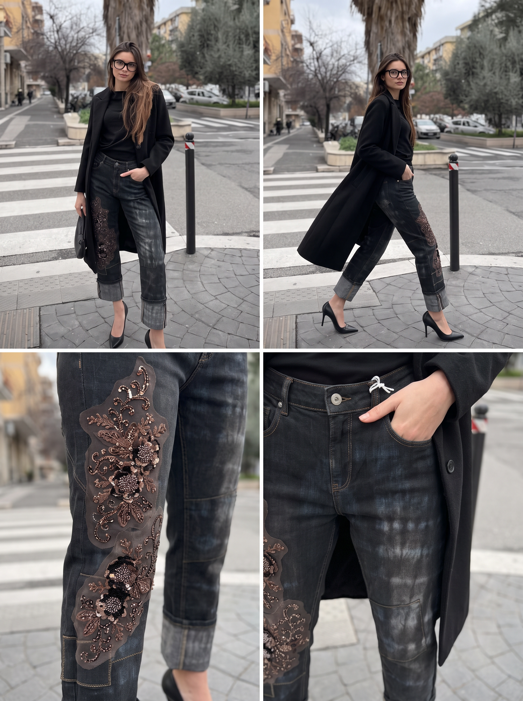 Straight Jeans with Embroidered Detail