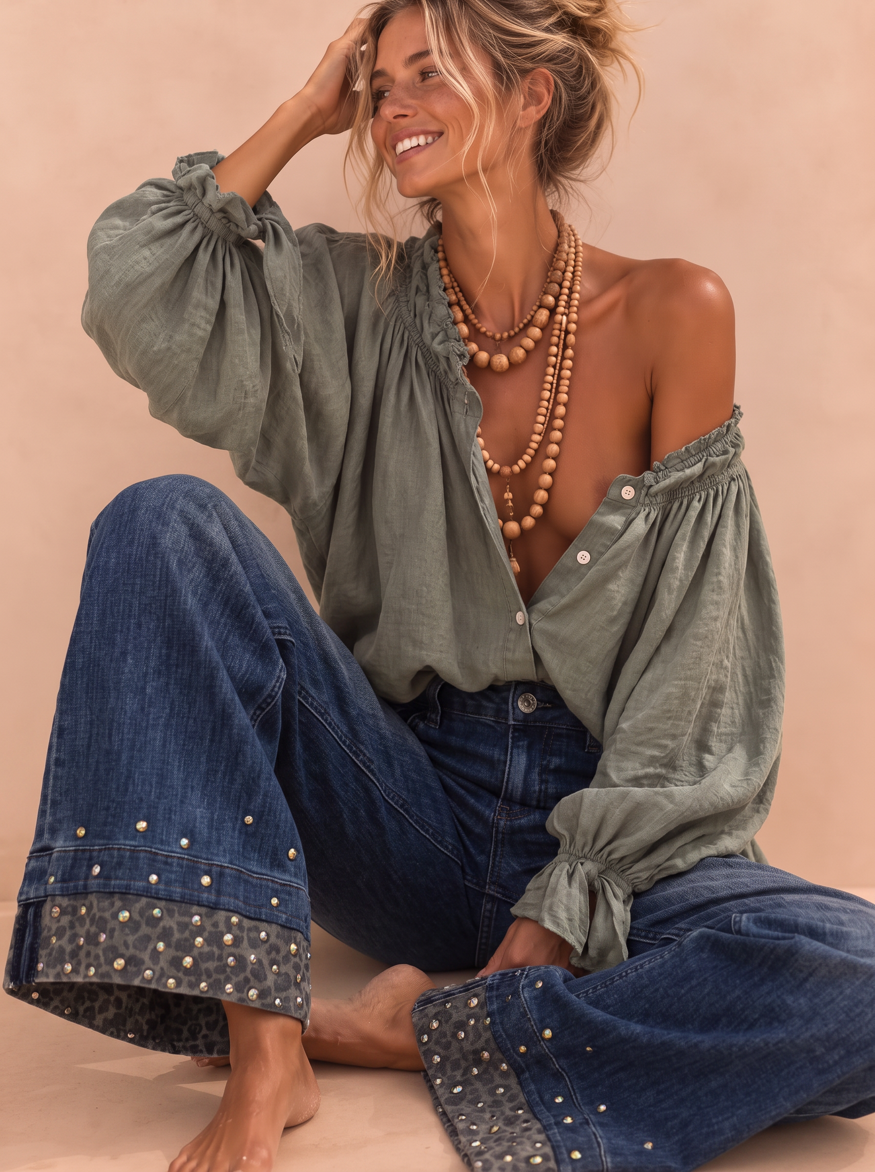 Wide‑Leg Studded Jeans