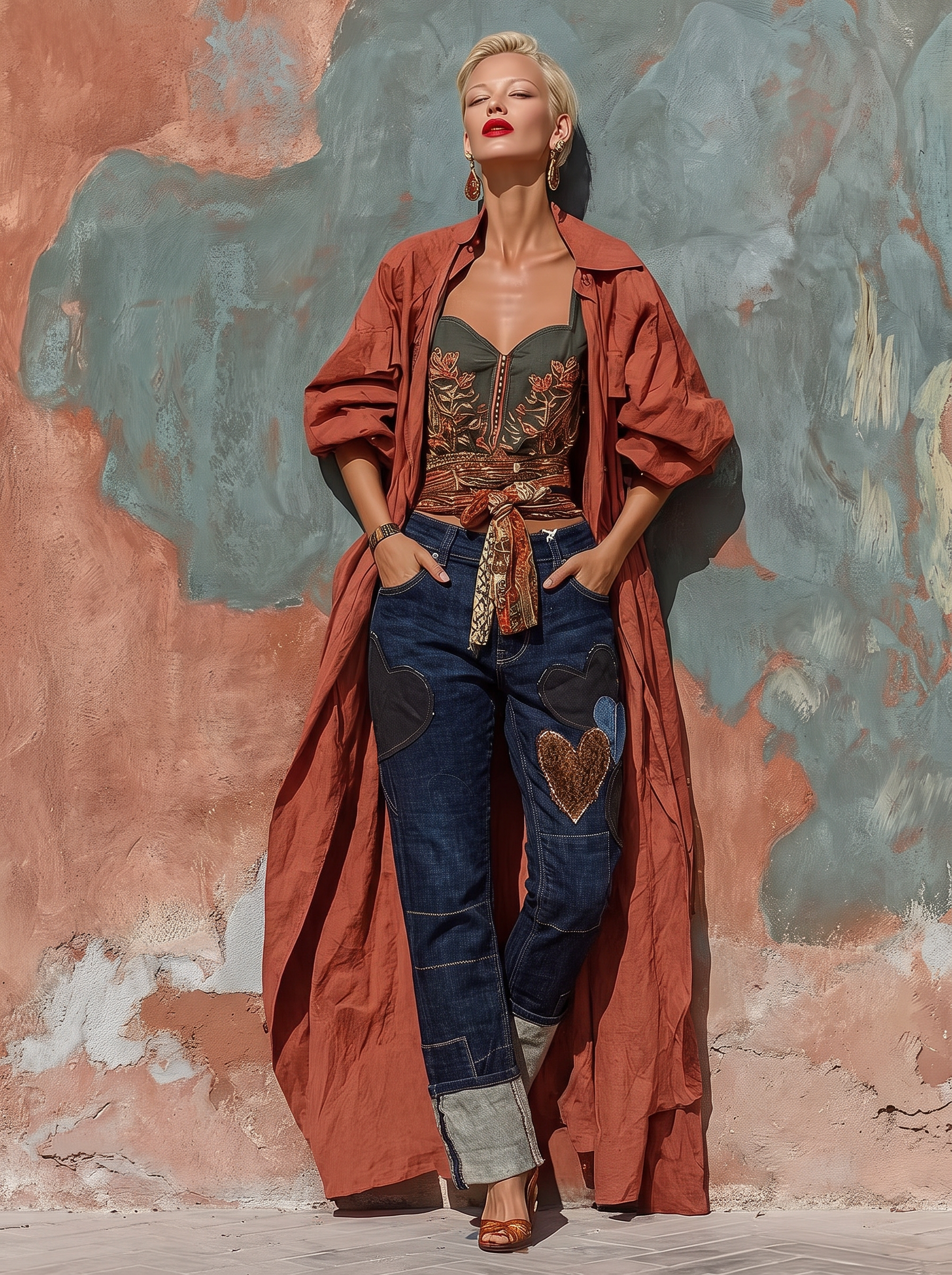 Straight Jeans with Applied Patchwork