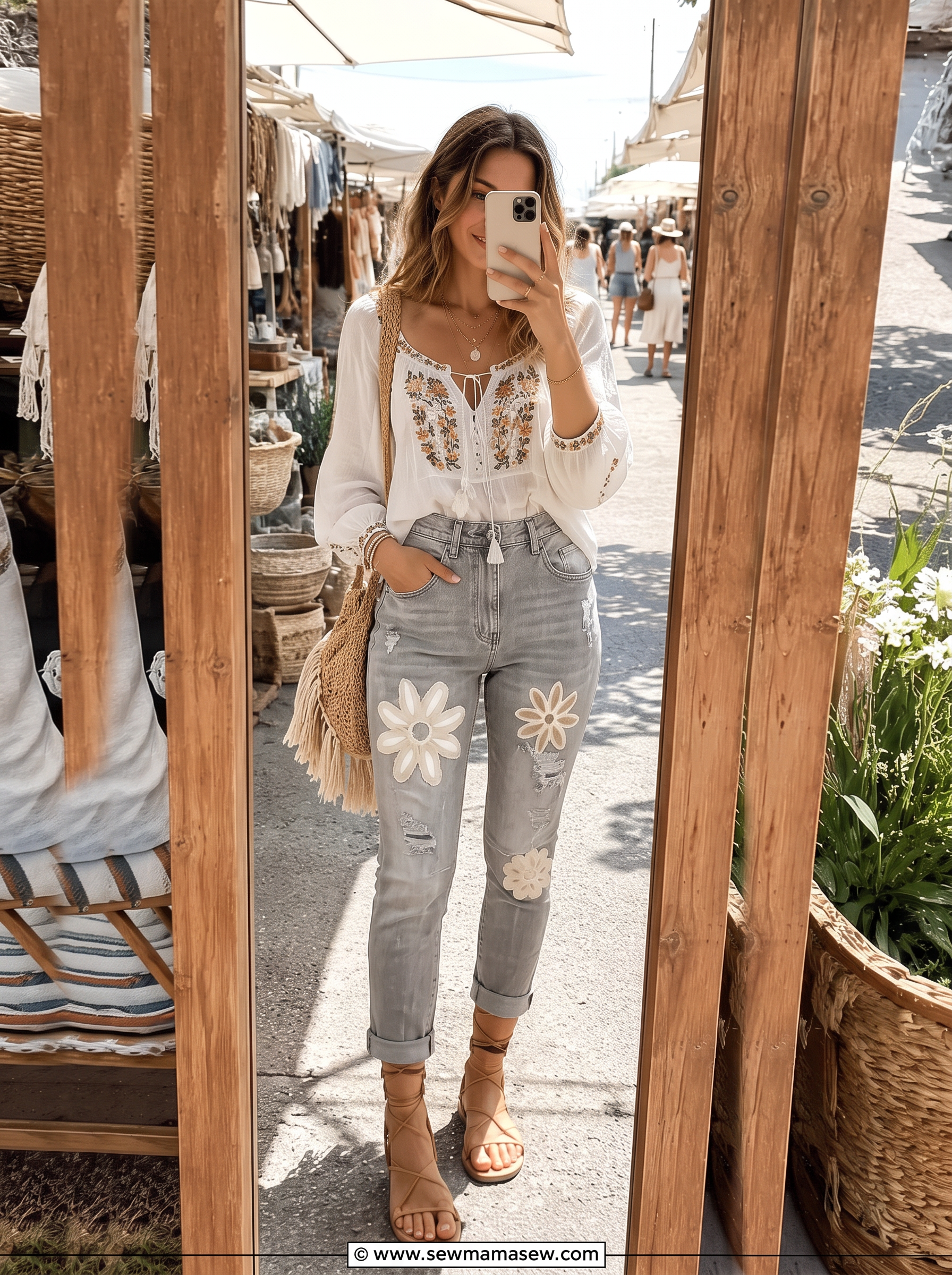 Straight 7/8 Jeans with Embroidery