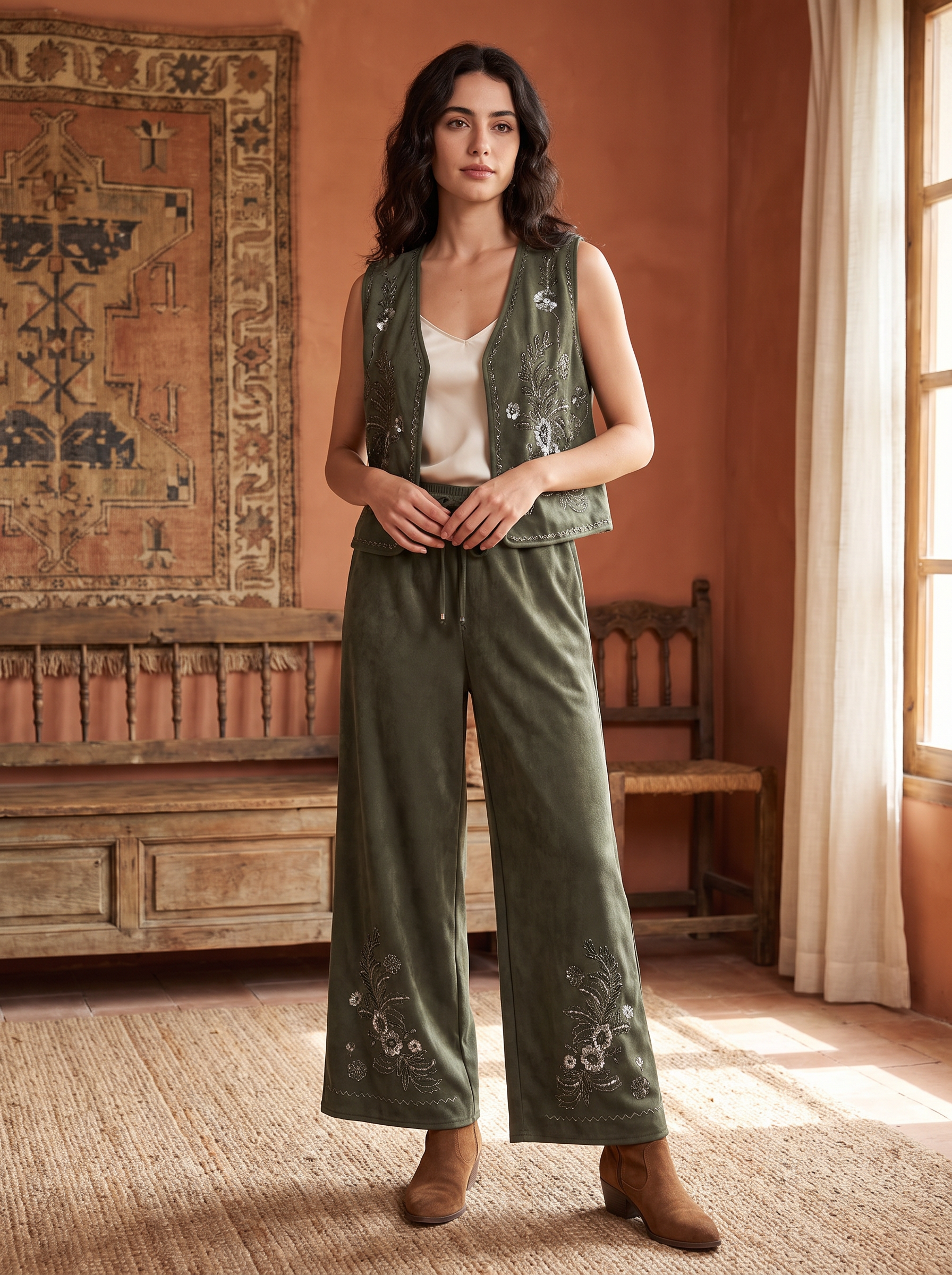 Regular Two-Piece Set with Embroidered Vest