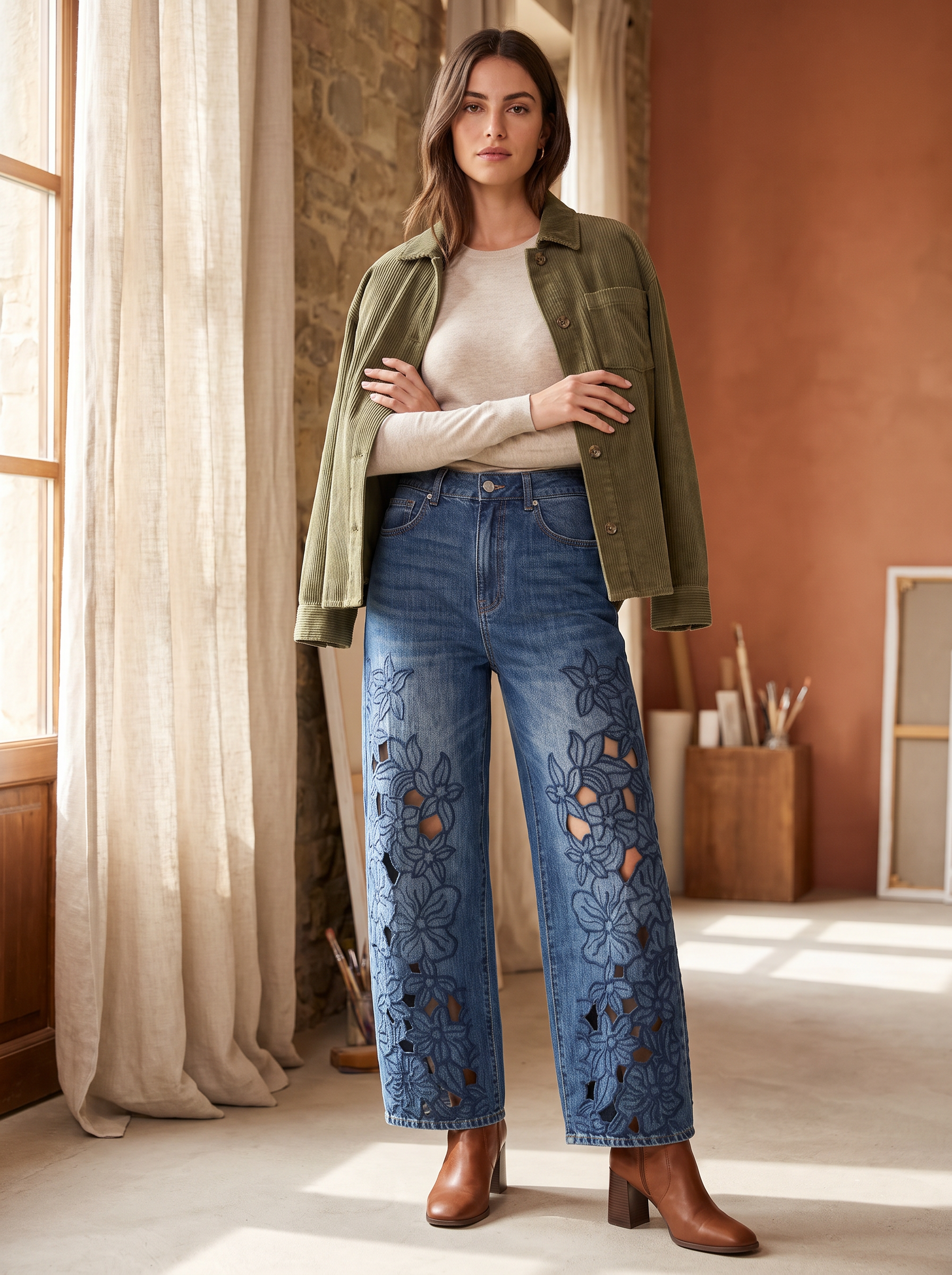 Wide‑Leg Embroidered Jeans