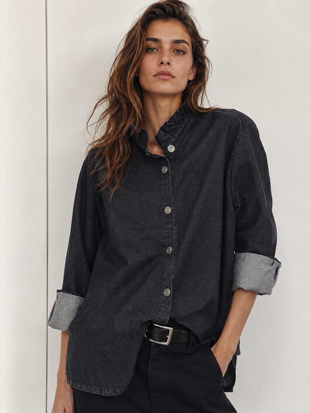Extended Denim Shirt with Stand Collar