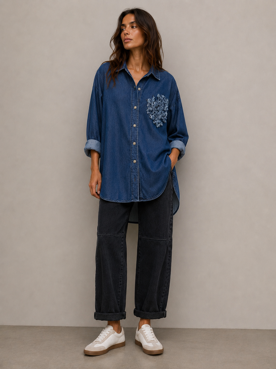 Oversized Denim Shirt with Embroidery