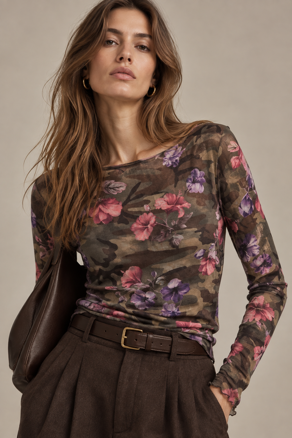 Fitted Top with Camouflage Motif