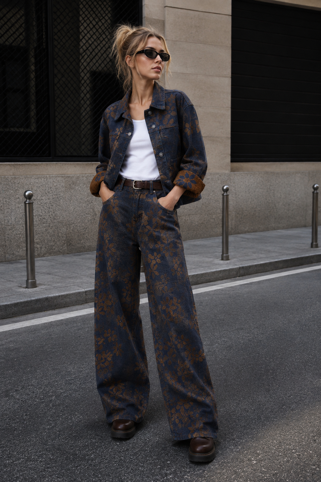 Flower-Print Baggy Jeans