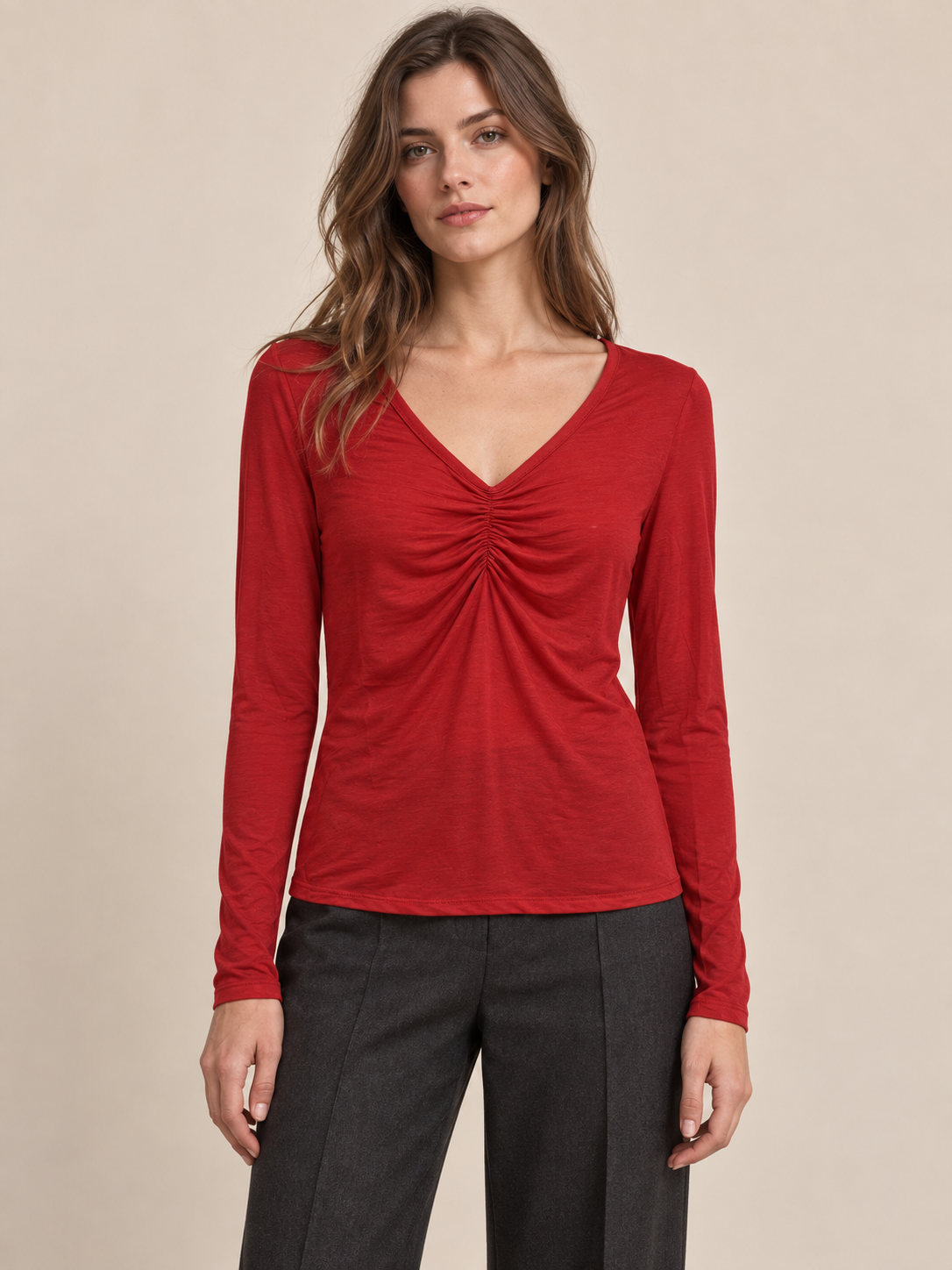Fitted Ruched V‑Neck Top