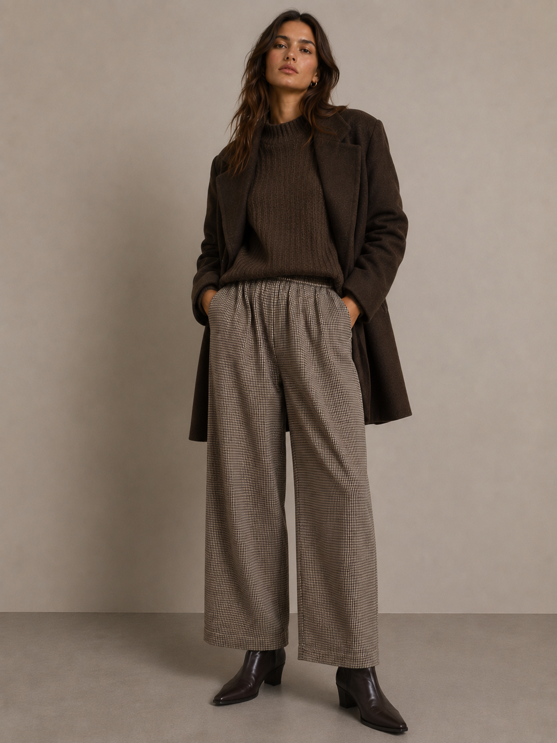 Wide-Leg Checked Trousers