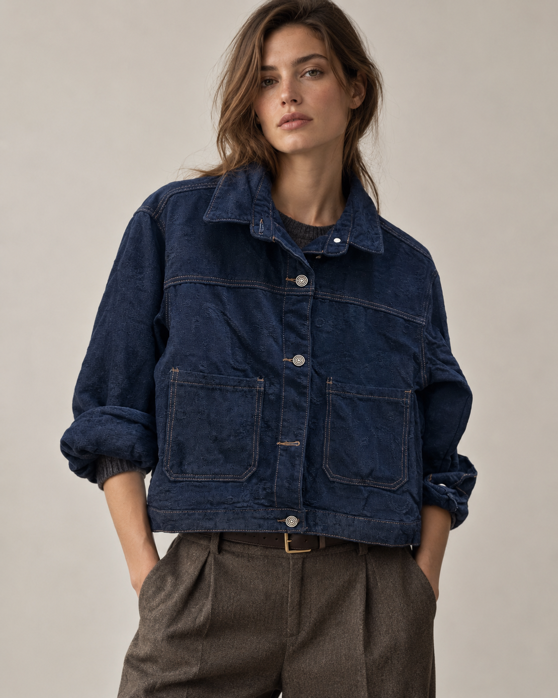 Relaxed Boxy Denim Jacket with Shirt Collar