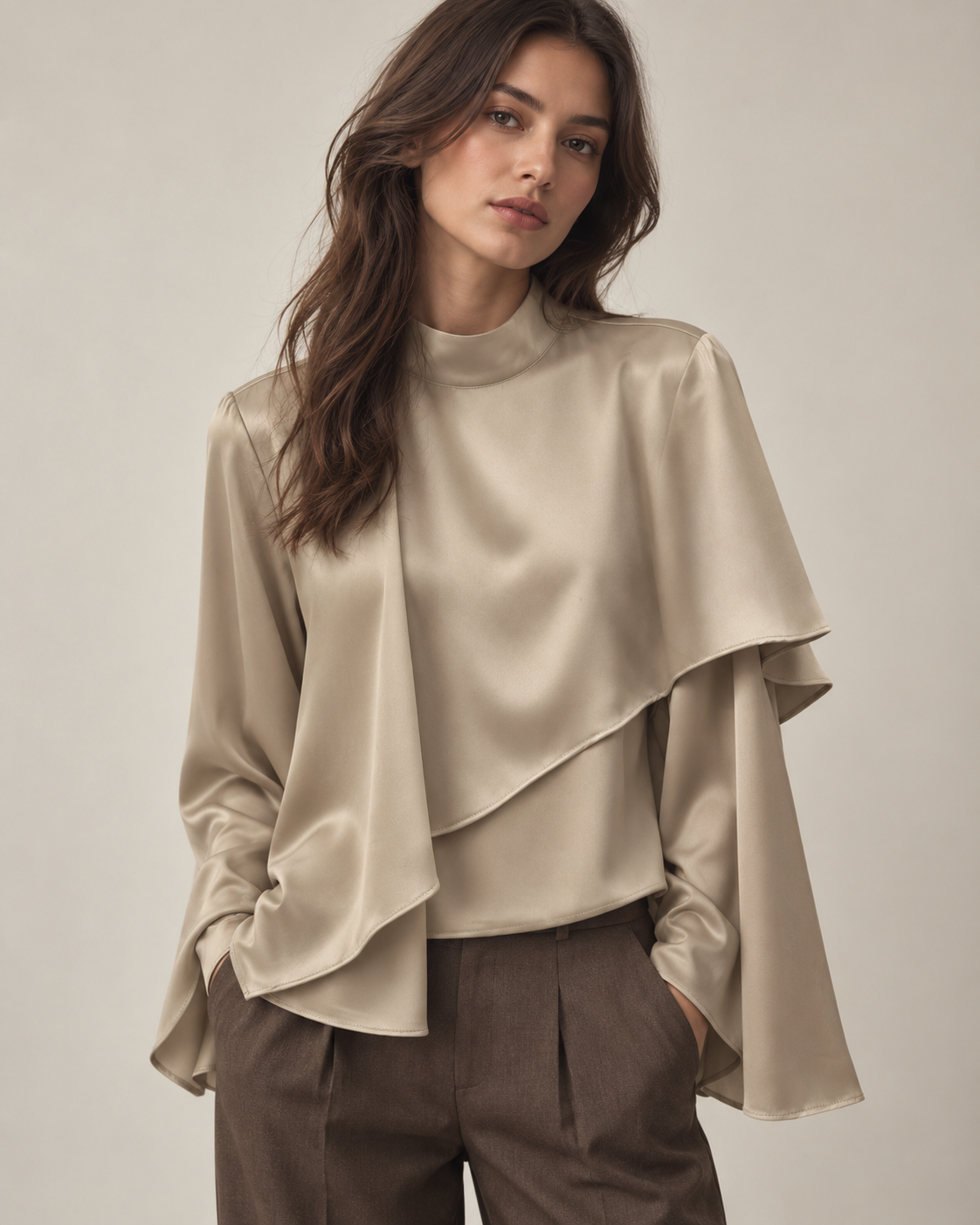 Relaxed Satin Mock-Neck Blouse with Ruffle