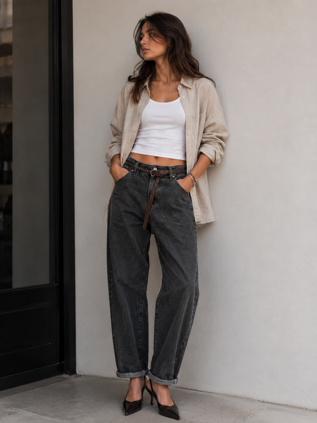 Baggy Denim Trousers with Studded Belt