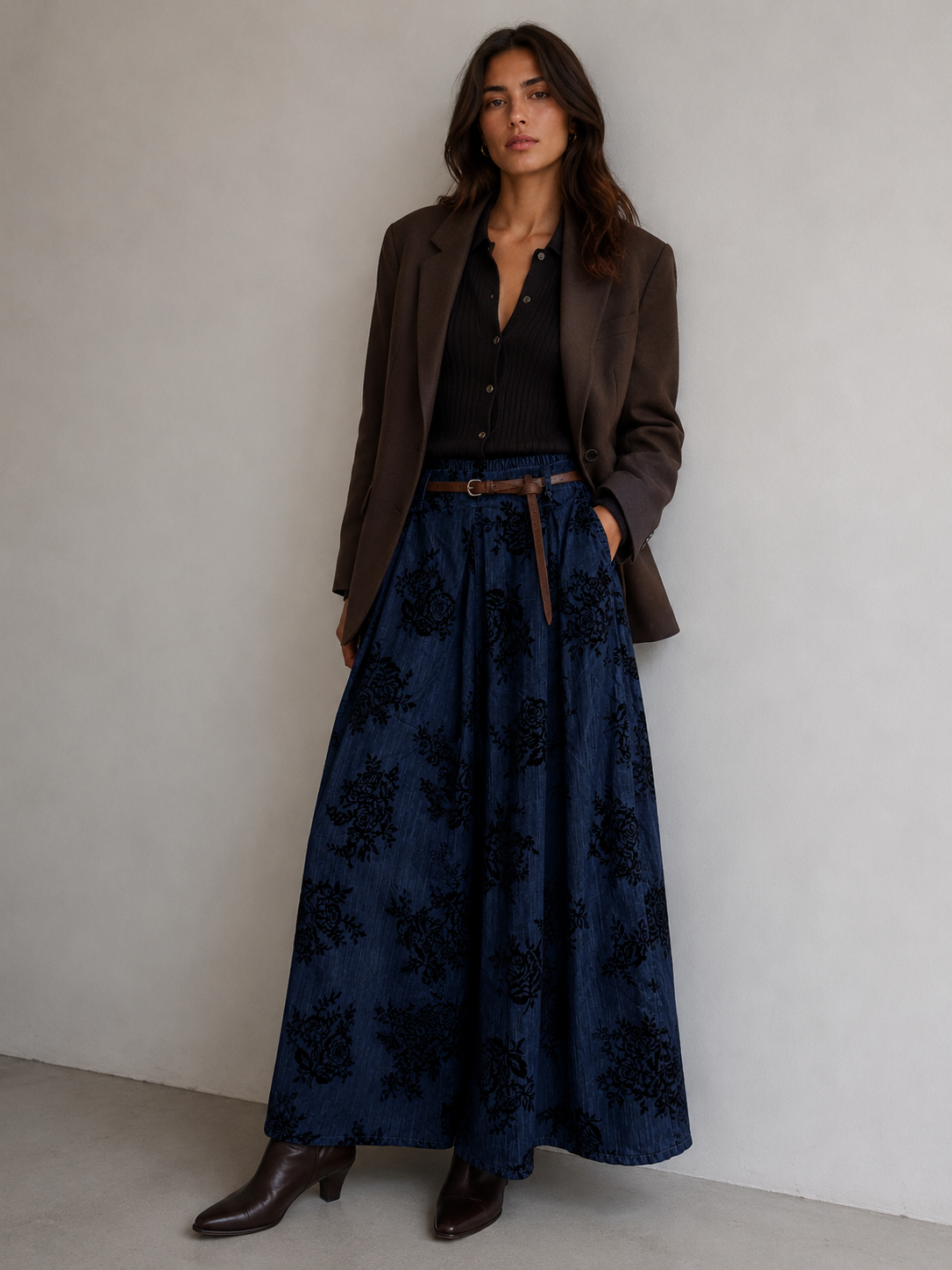 Flock-Print Denim Palazzo Trousers
