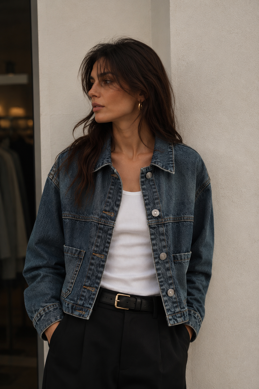 Oversized Denim Jacket with Shirt Collar