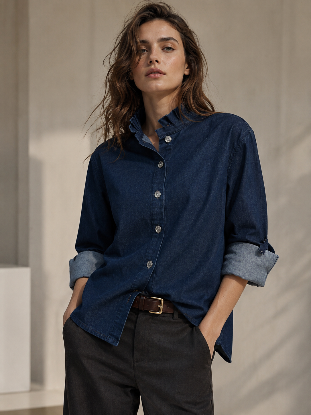 Extended Denim Shirt with Stand Collar