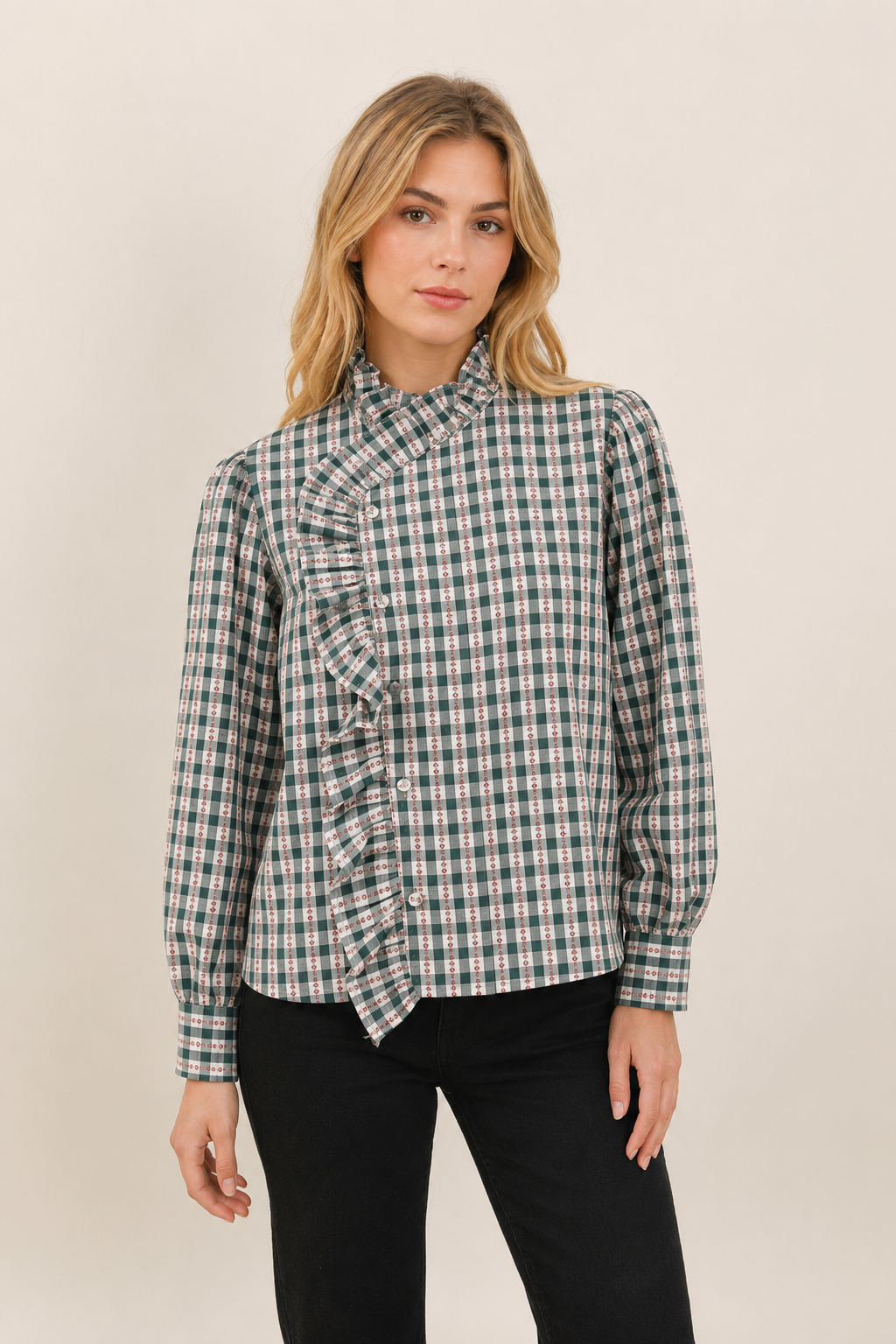 Stand-Collar Blouse with Ruffle