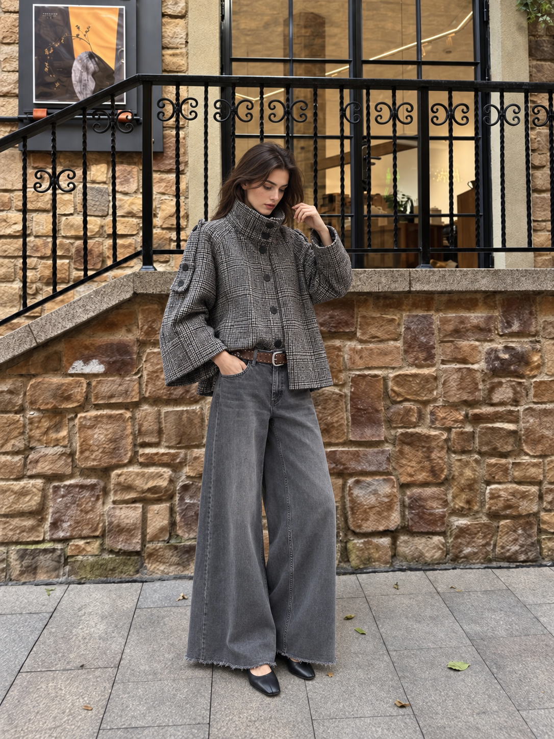 Oversized Checked Stand‑Collar Jacket