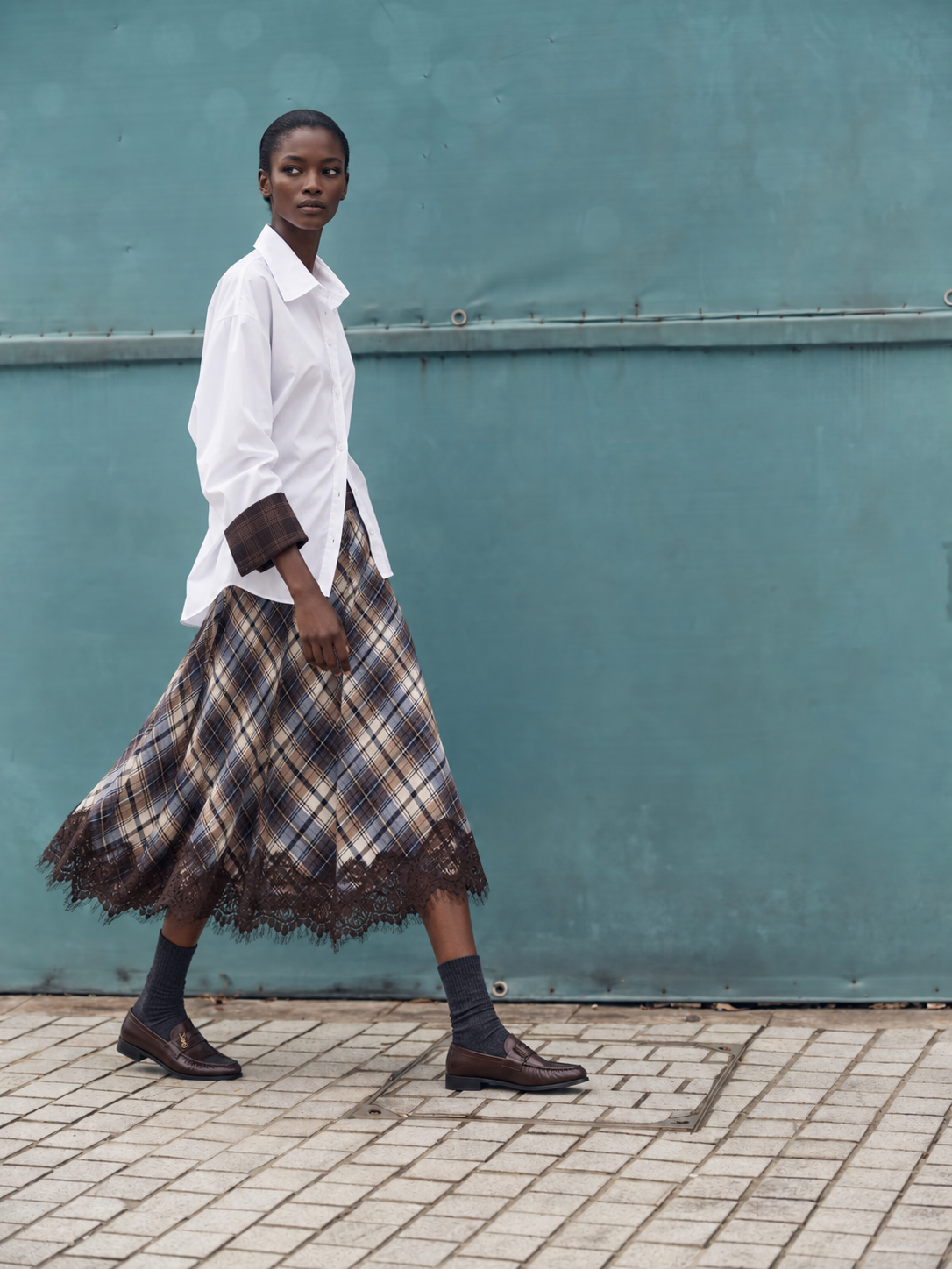 Midi A-line Skirt — Checked