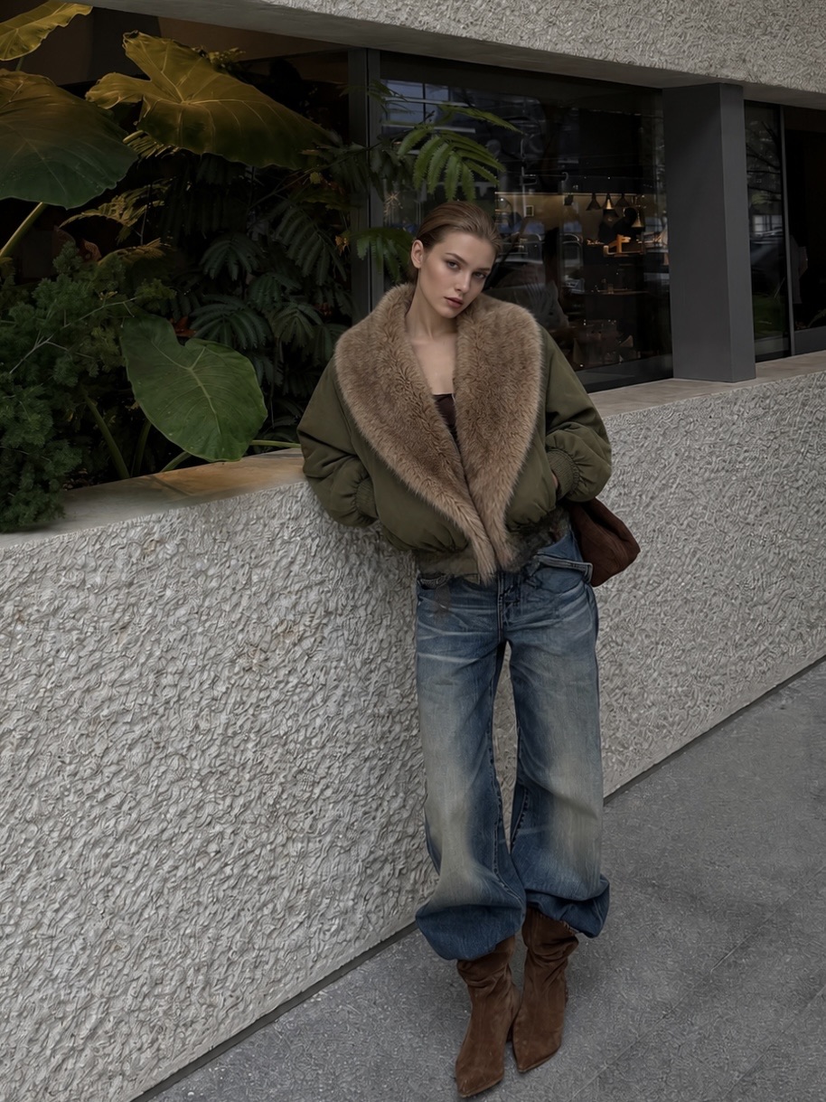 Oversized Bomber Jacket with Faux Fur Collar
