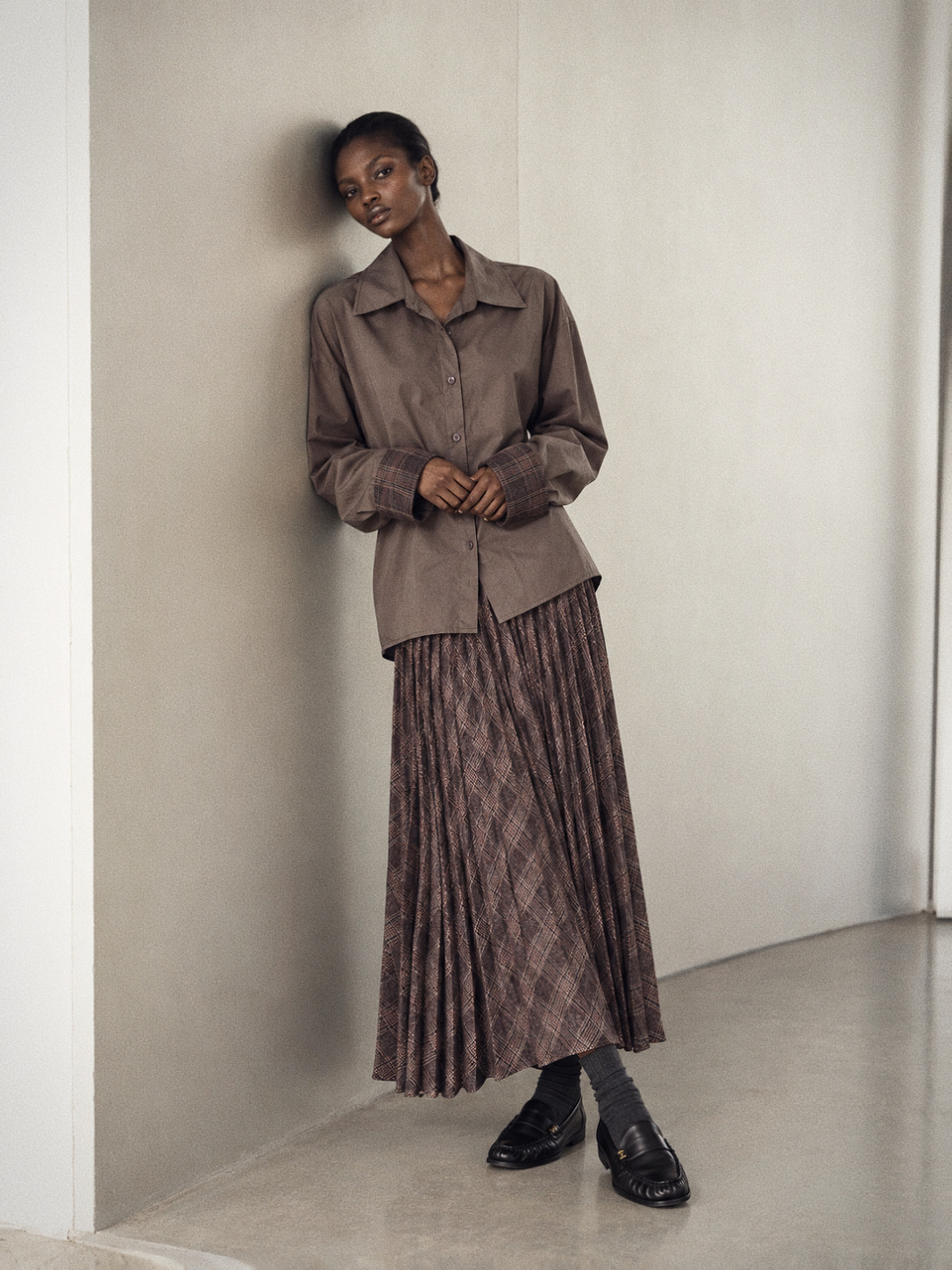Checked Pleated Maxi Skirt
