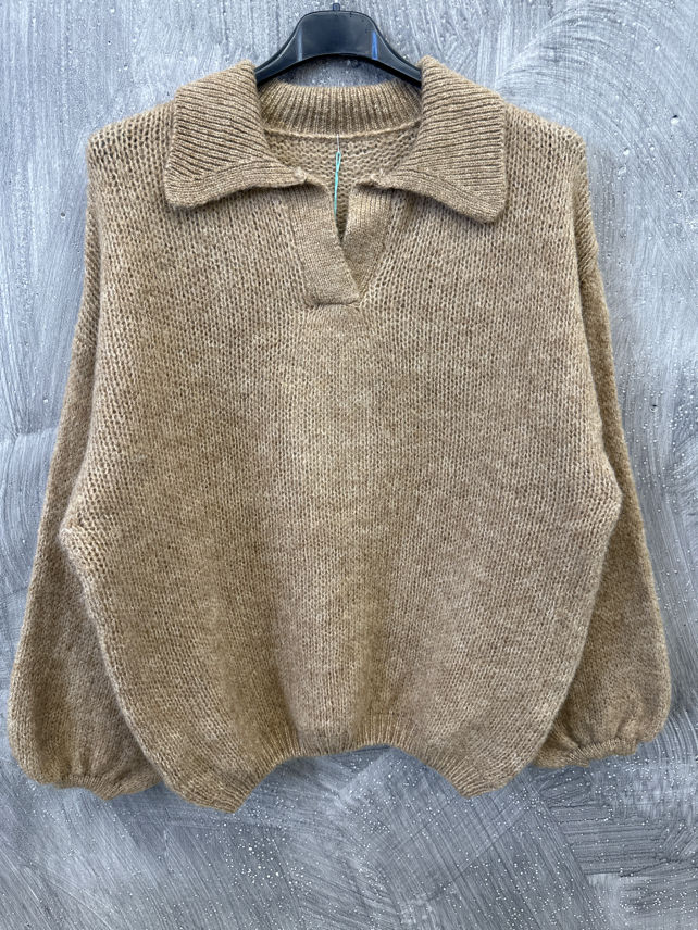 Oversized Polo Sweater with Puff Sleeves