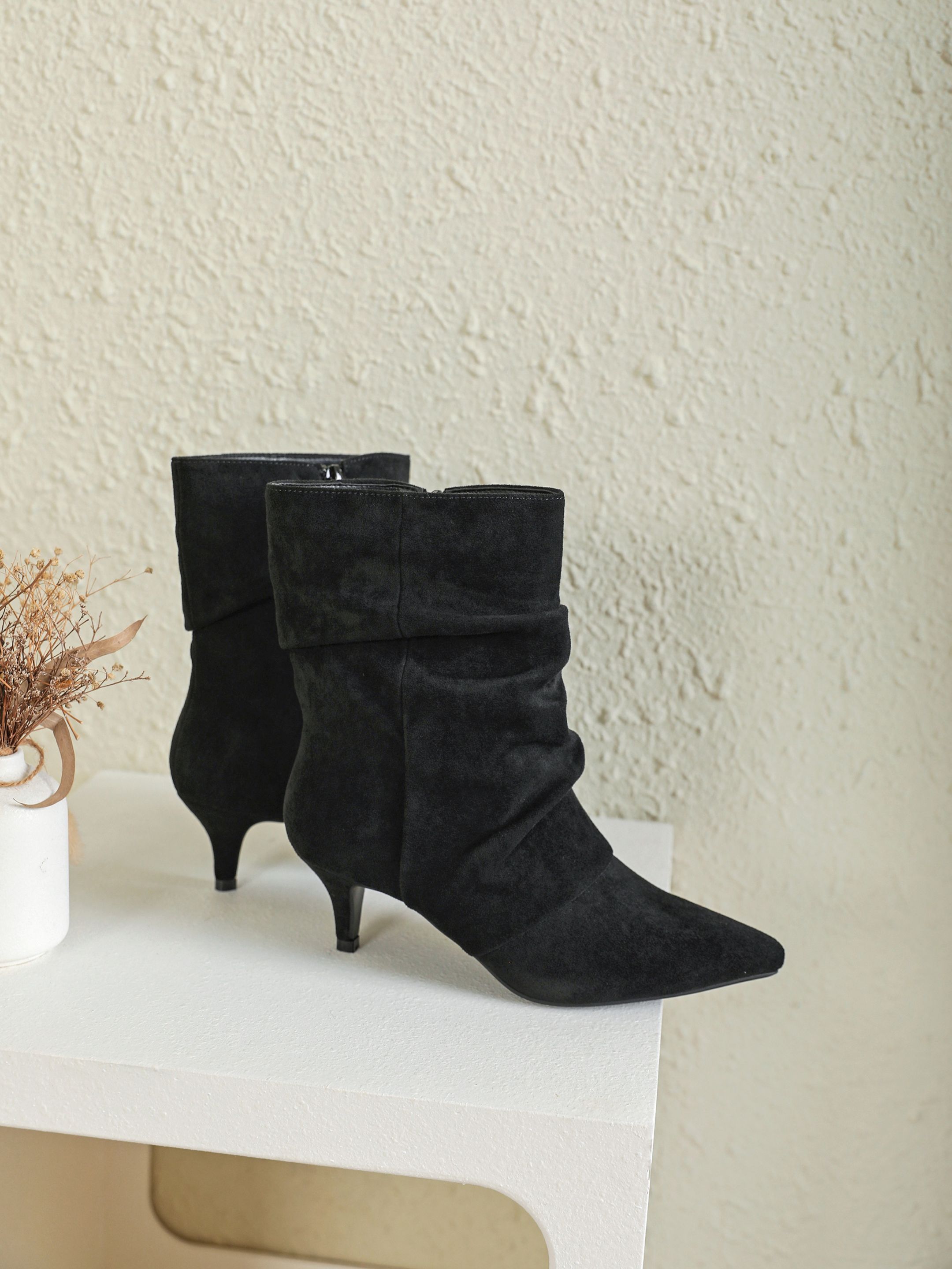 Suede Ankle Boots with Gathered Shaft