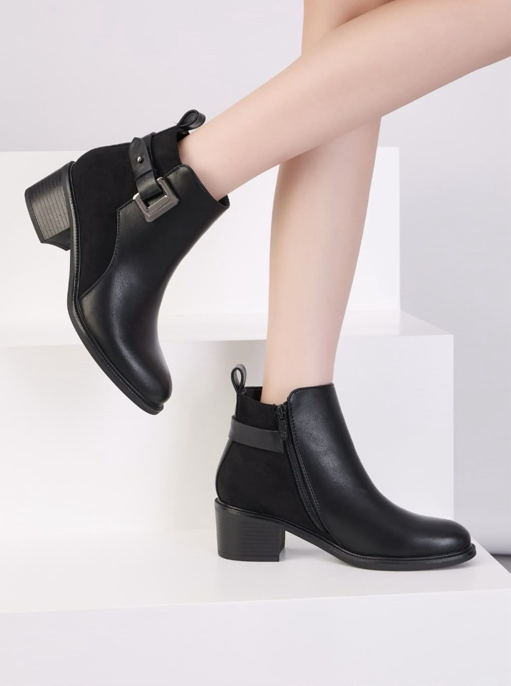 Suede-Look Ankle Boots with Buttons
