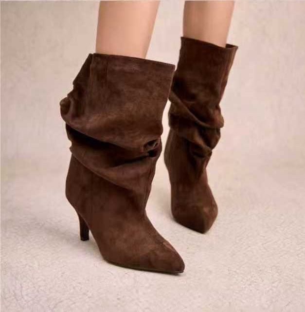 High-Heel Ankle Boots with Ruched Shaft