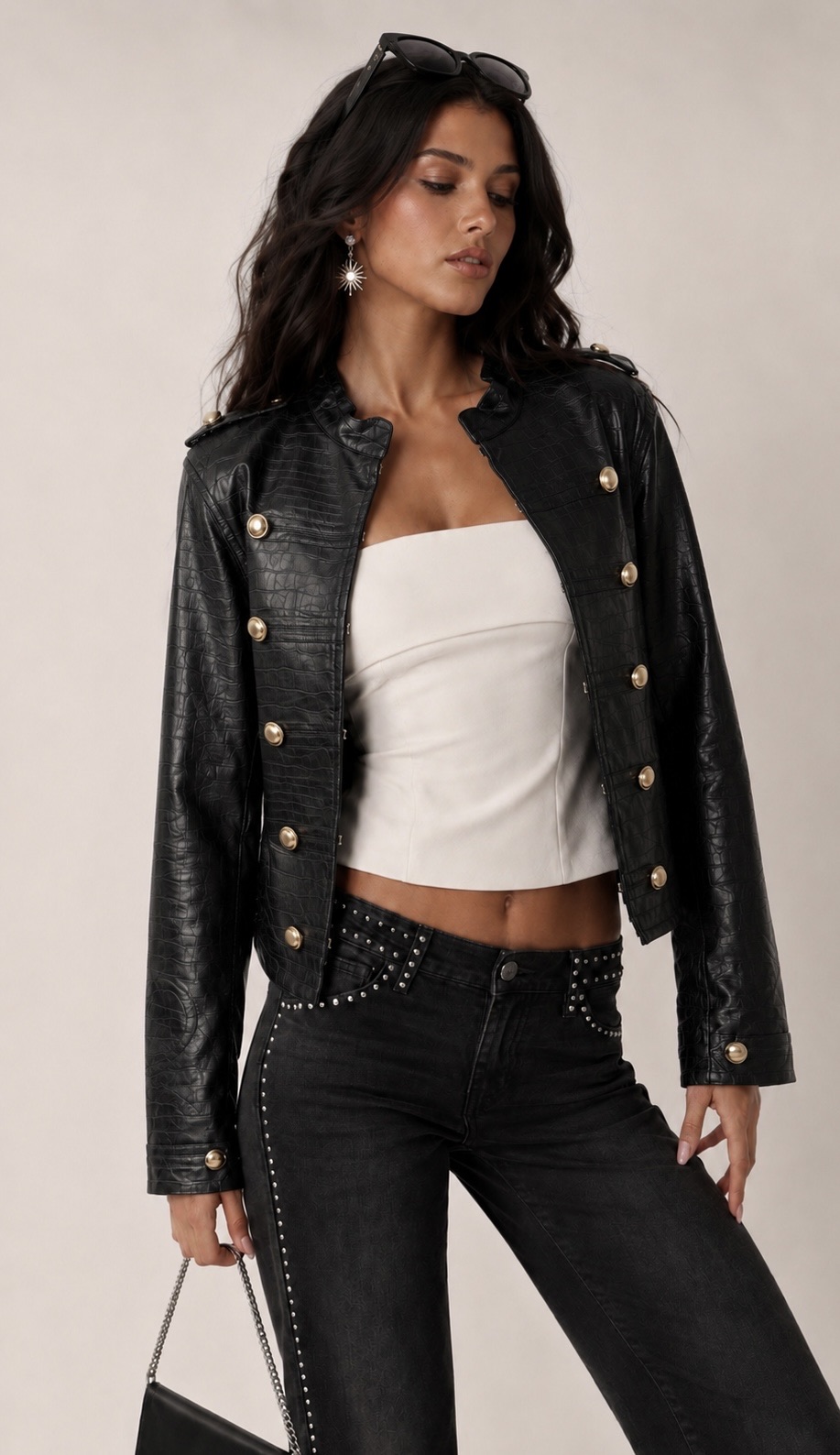 Cropped Faux Leather Jacket with Stand Collar