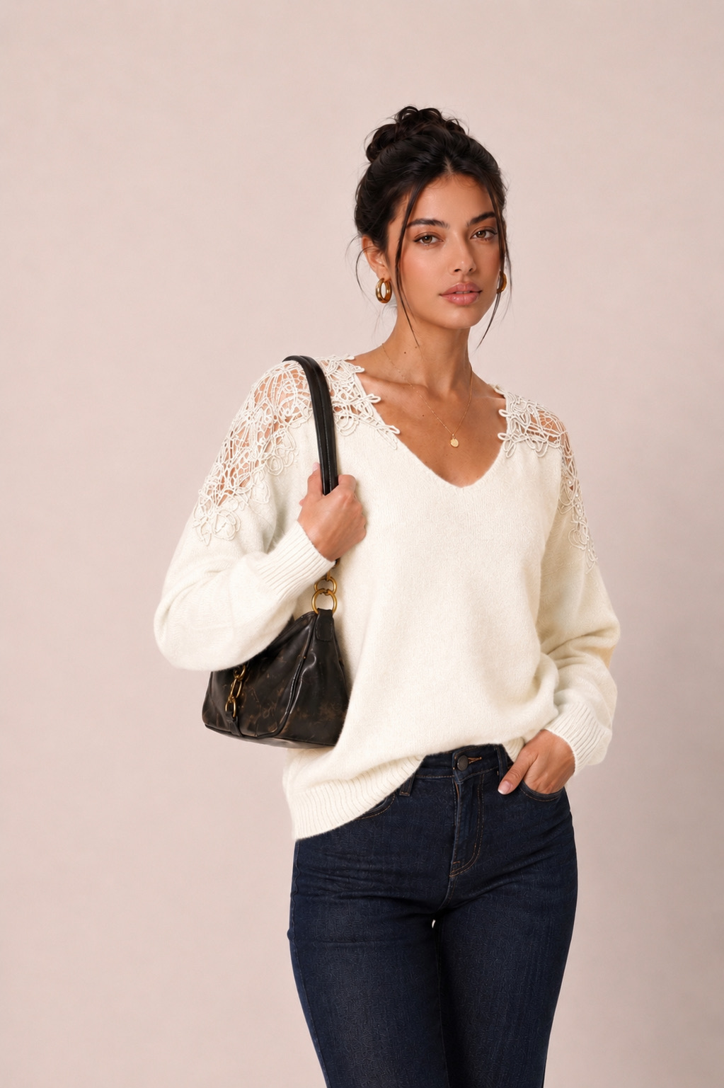 Relaxed V‑Neck Sweater with Lace