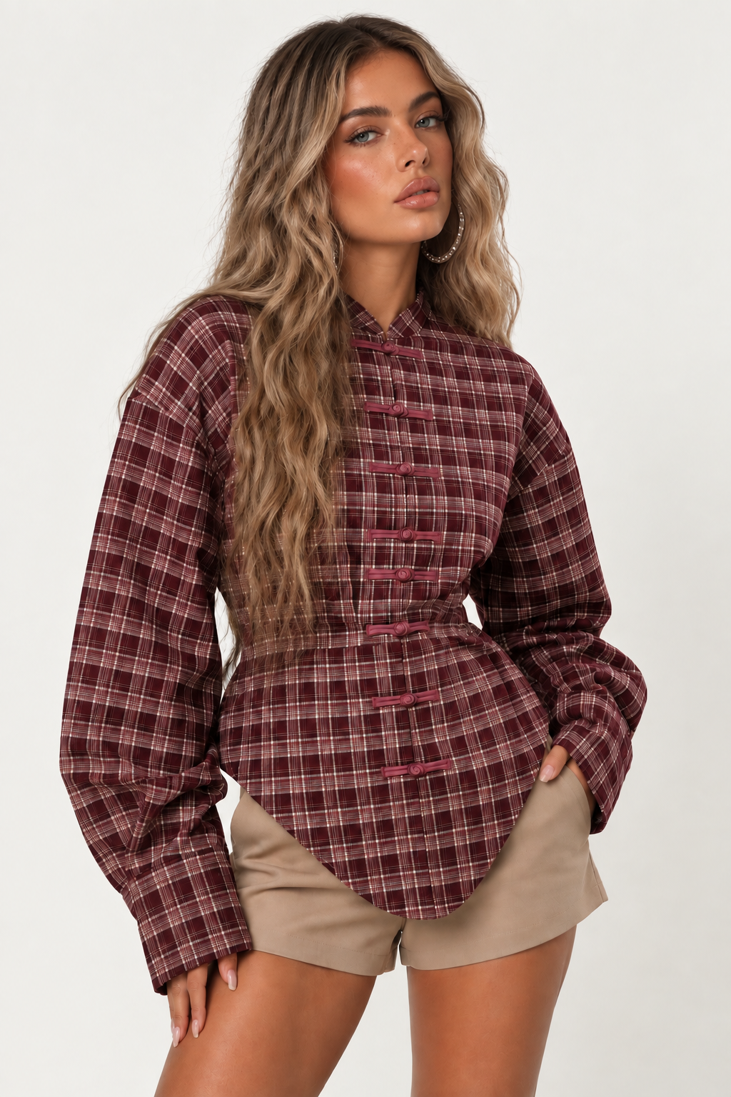 Check Shirt with Stand Collar