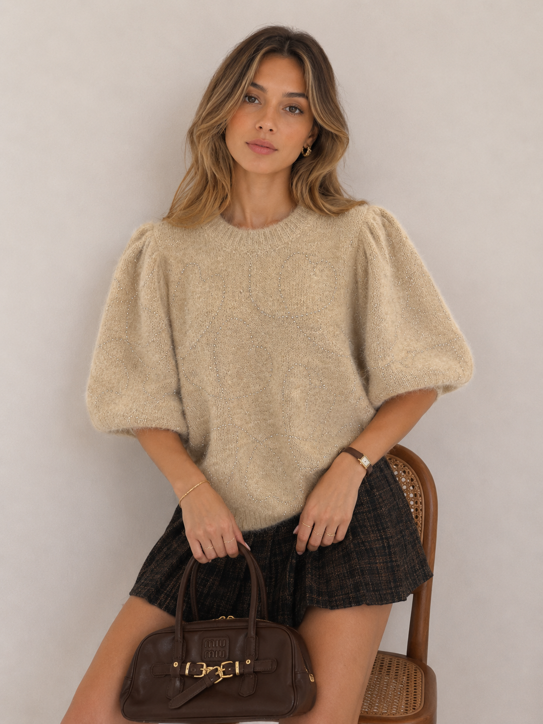Puff-Sleeve Sweater with Stud Details