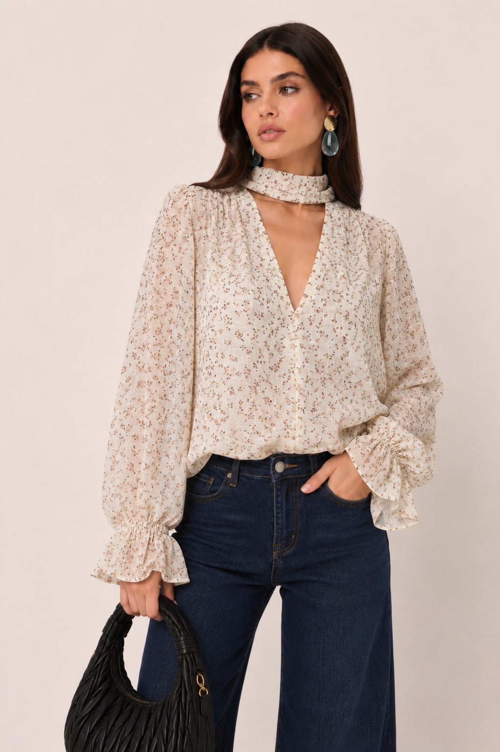 Deep V Blouse with Stand Collar