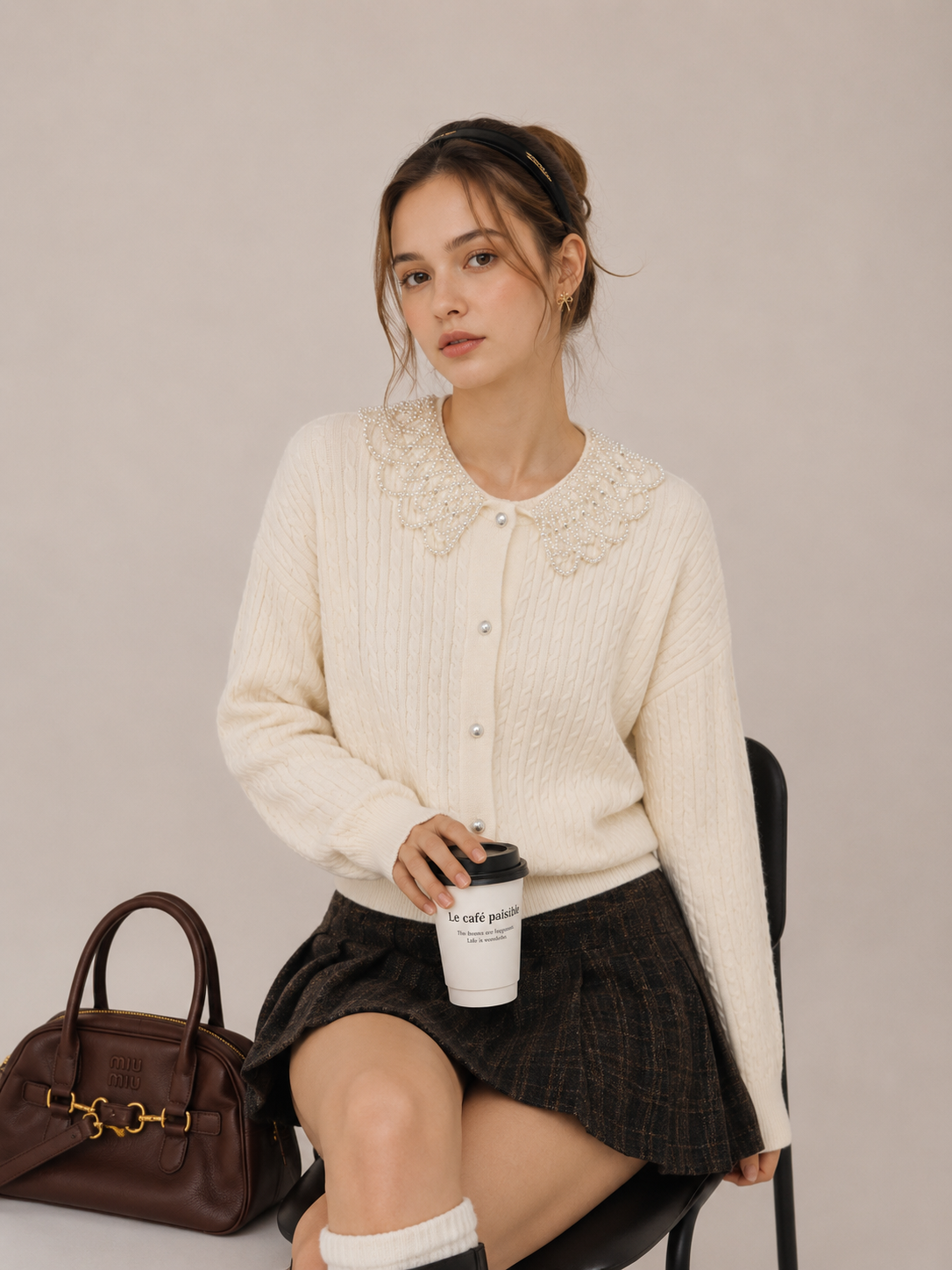 Cardigan with Lace Pearl Collar