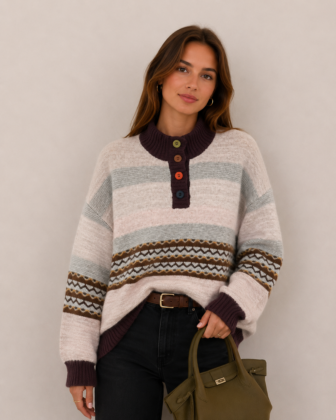 Relaxed Striped Mock-Neck Sweater