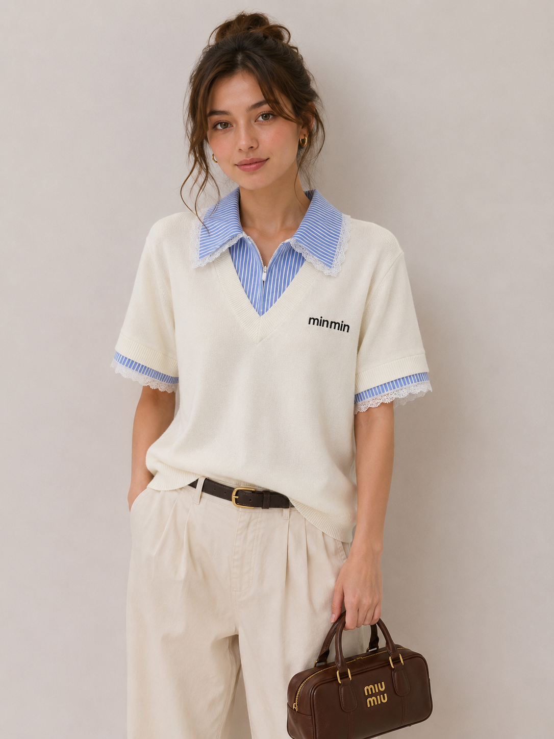 Cropped V‑Neck Sweater with Shirt Collar