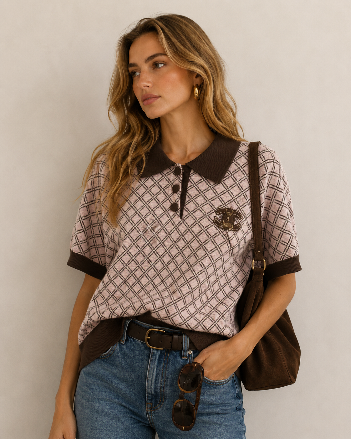 Cropped Polo Sweater with Diamond Knit