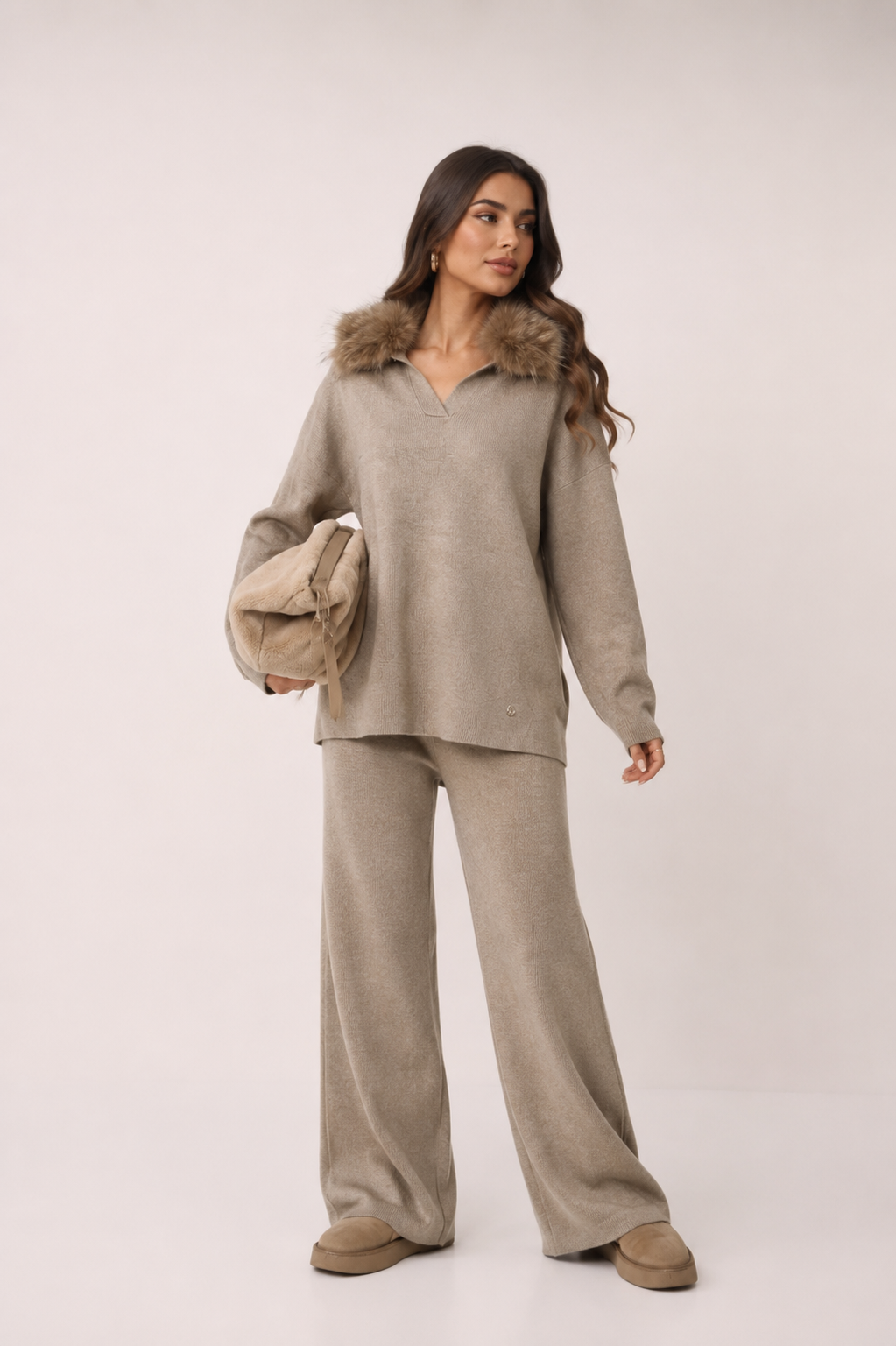 Relaxed V-Neck Two-Piece Set with Collar