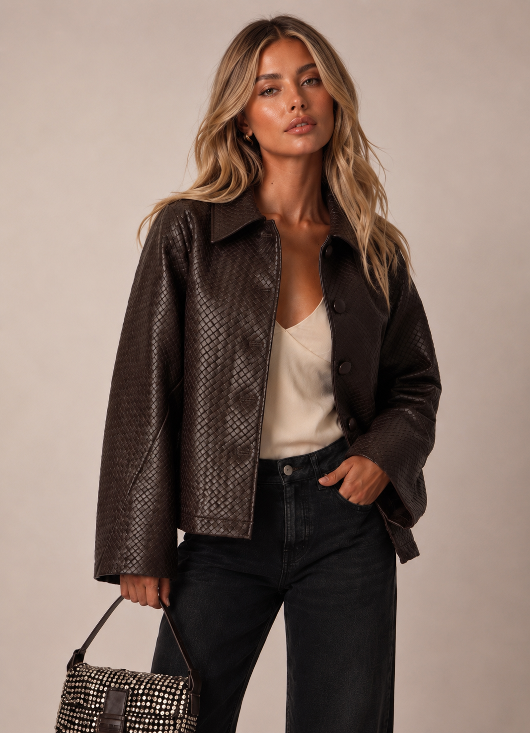 Short Embossed Faux-Leather Jacket