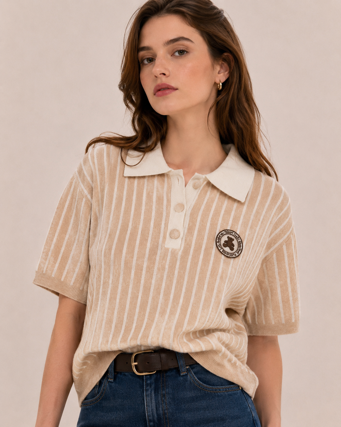 Cropped Polo-Style Stripe Sweater