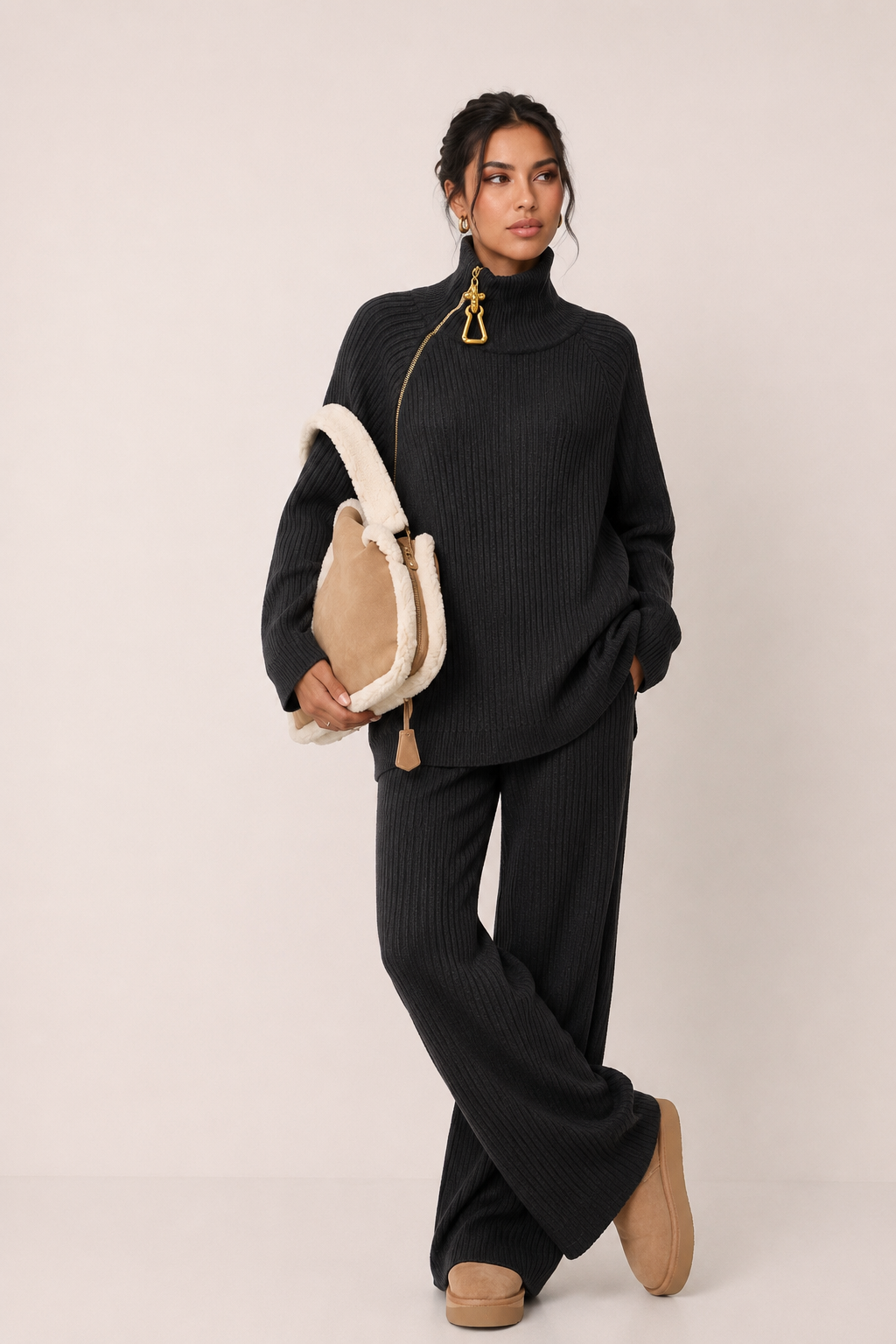 Ribbed Knit Set with Funnel Neck