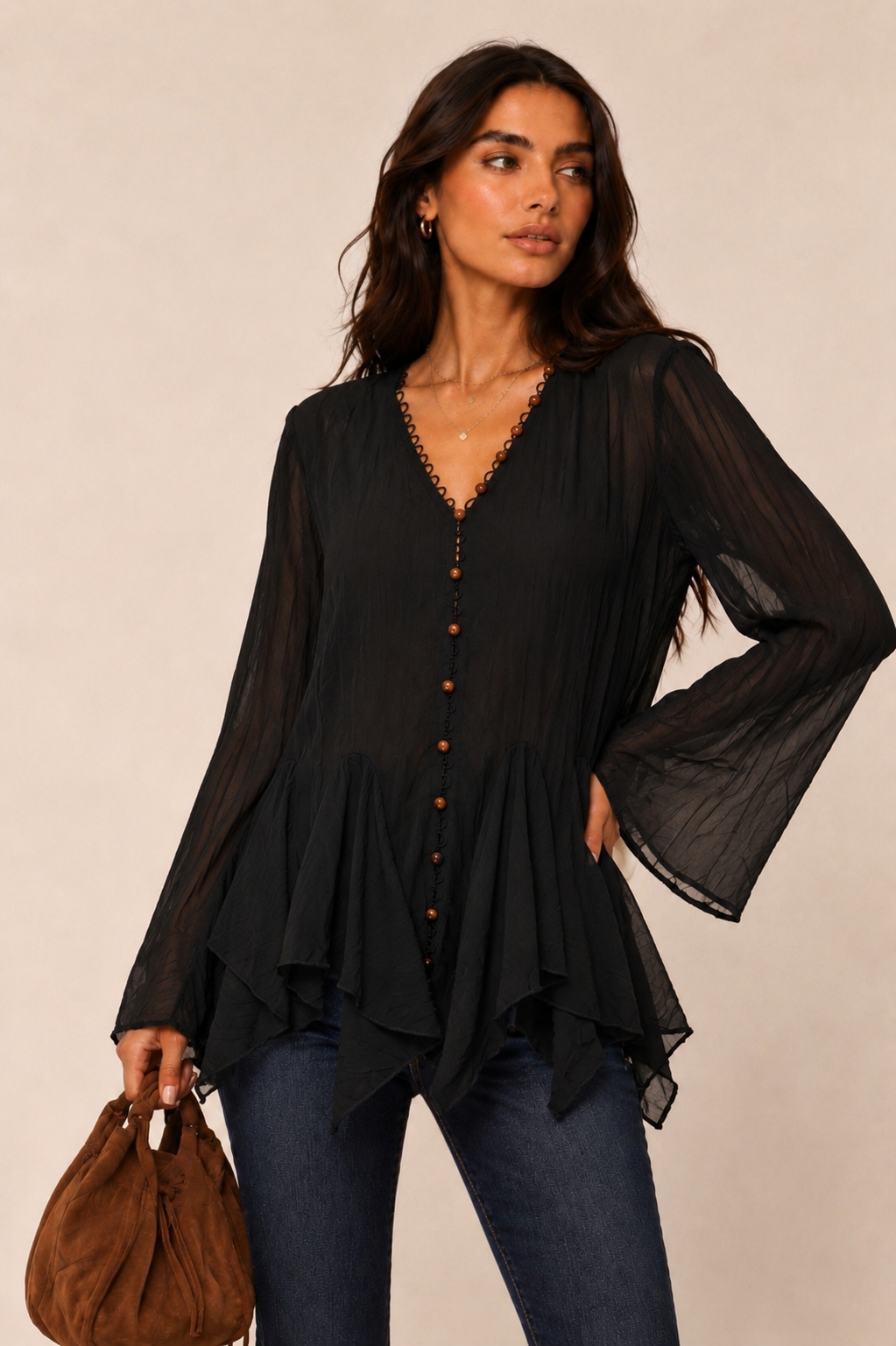 Relaxed Long V-Neck Blouse