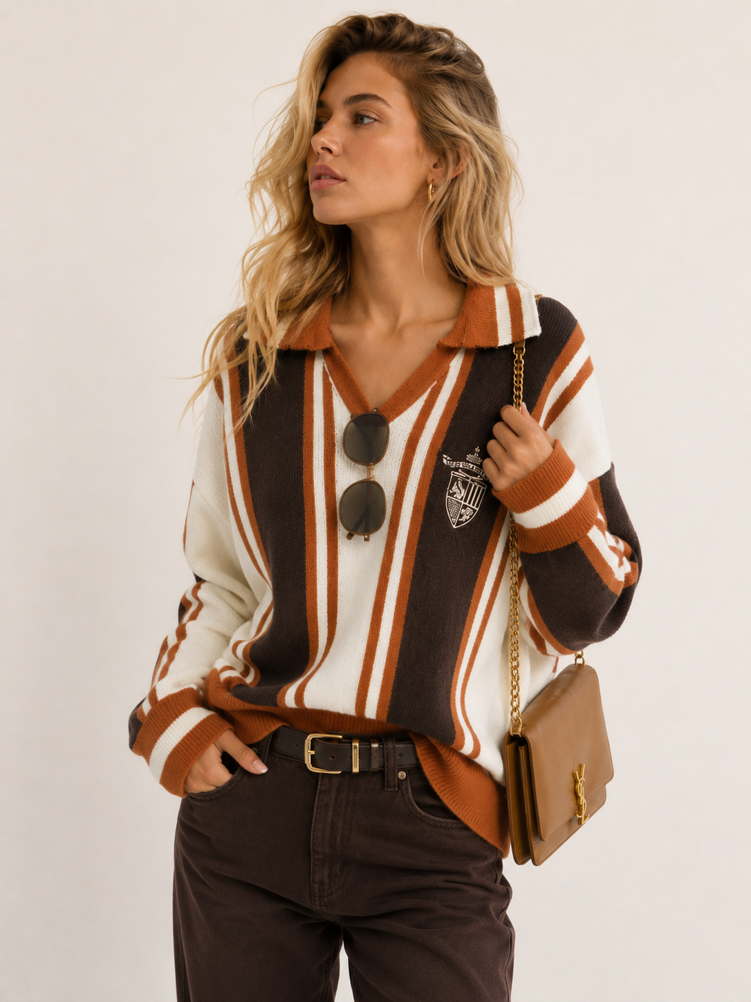 Oversized V‑Neck Sweater with Polo Collar