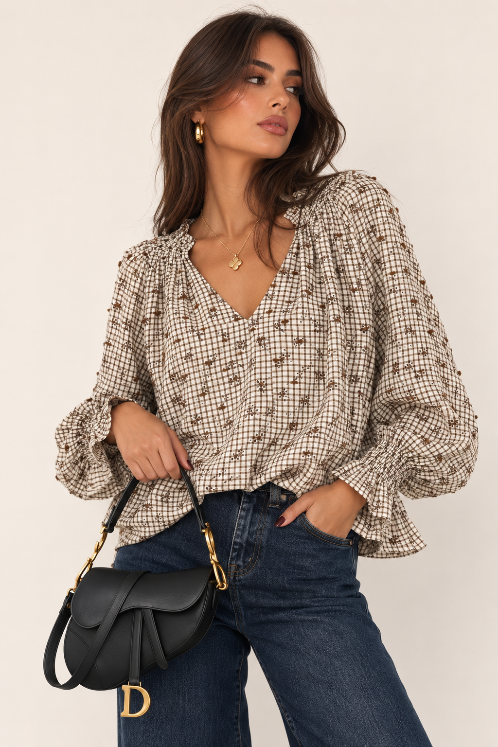 Relaxed V-Neck Check Blouse