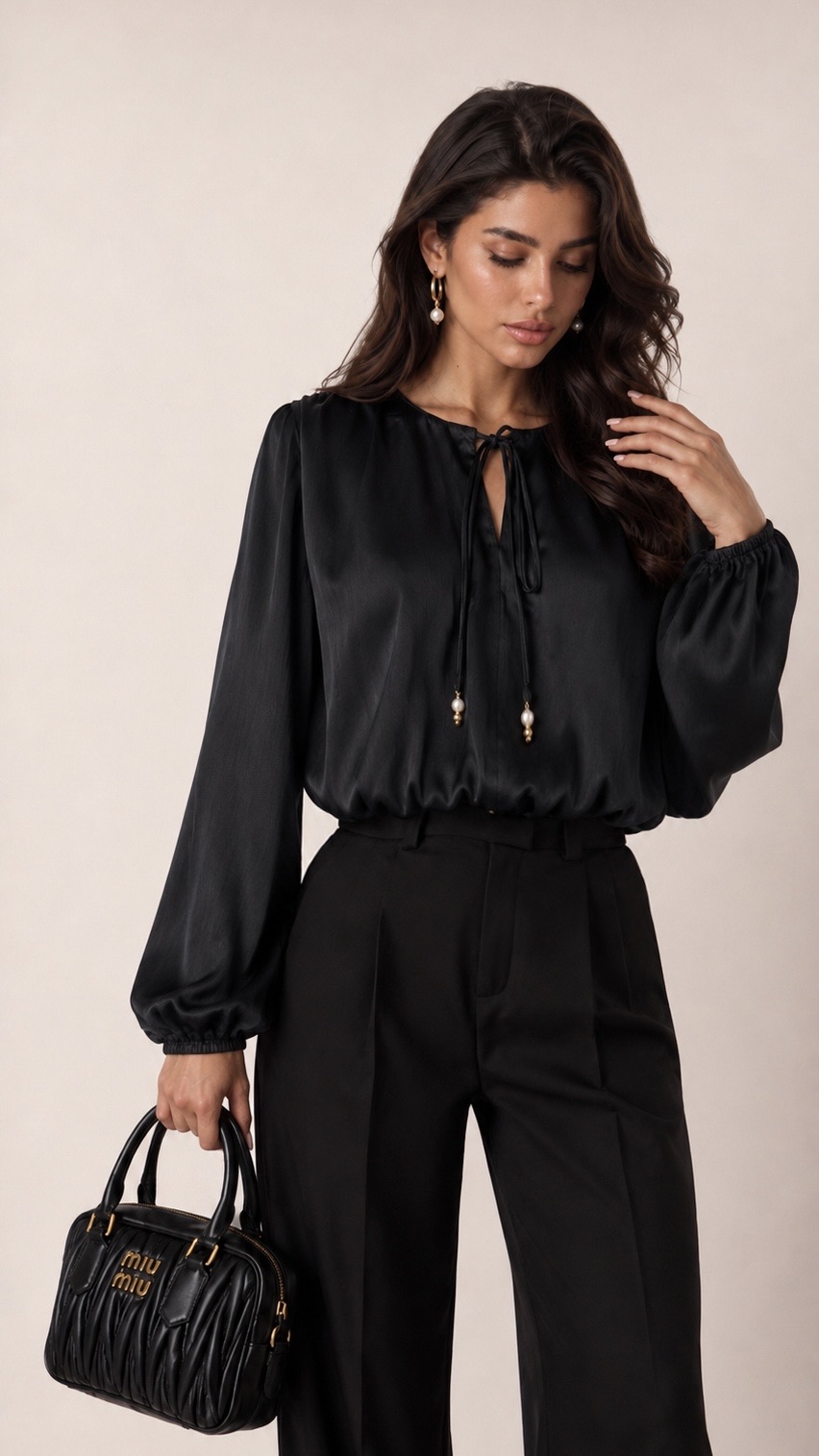 Tie-Neck Blouse with Shirring