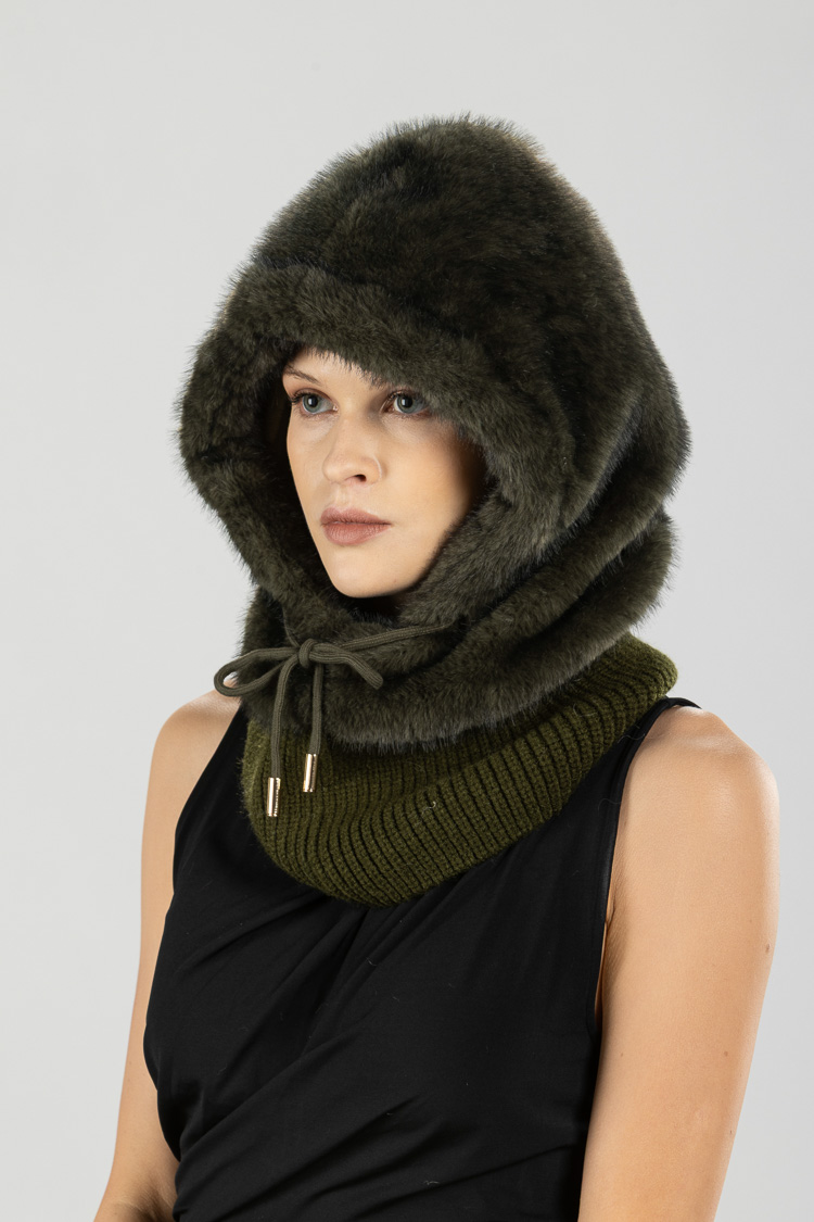 Faux-Fur Hooded Beanie with Drawstrings