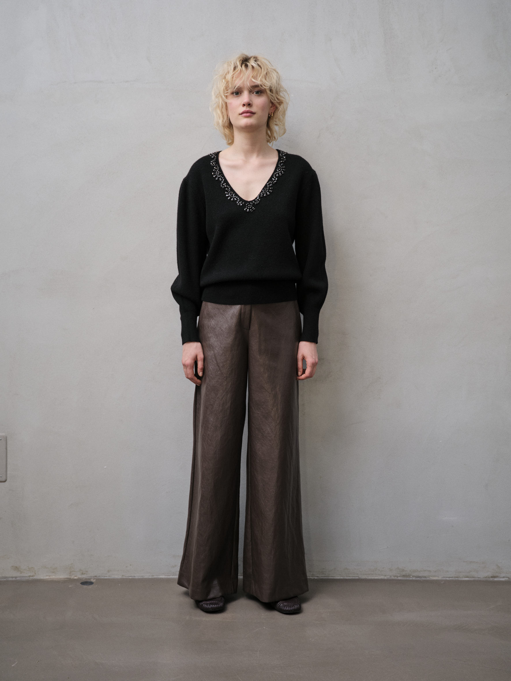 Ribbed V‑Neck Sweater with Studs