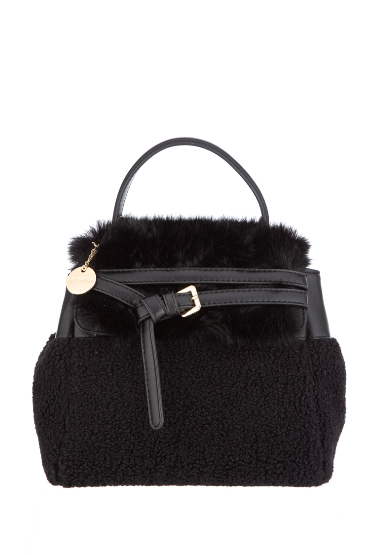 Structured Box Bag with Fur-Effect Trim