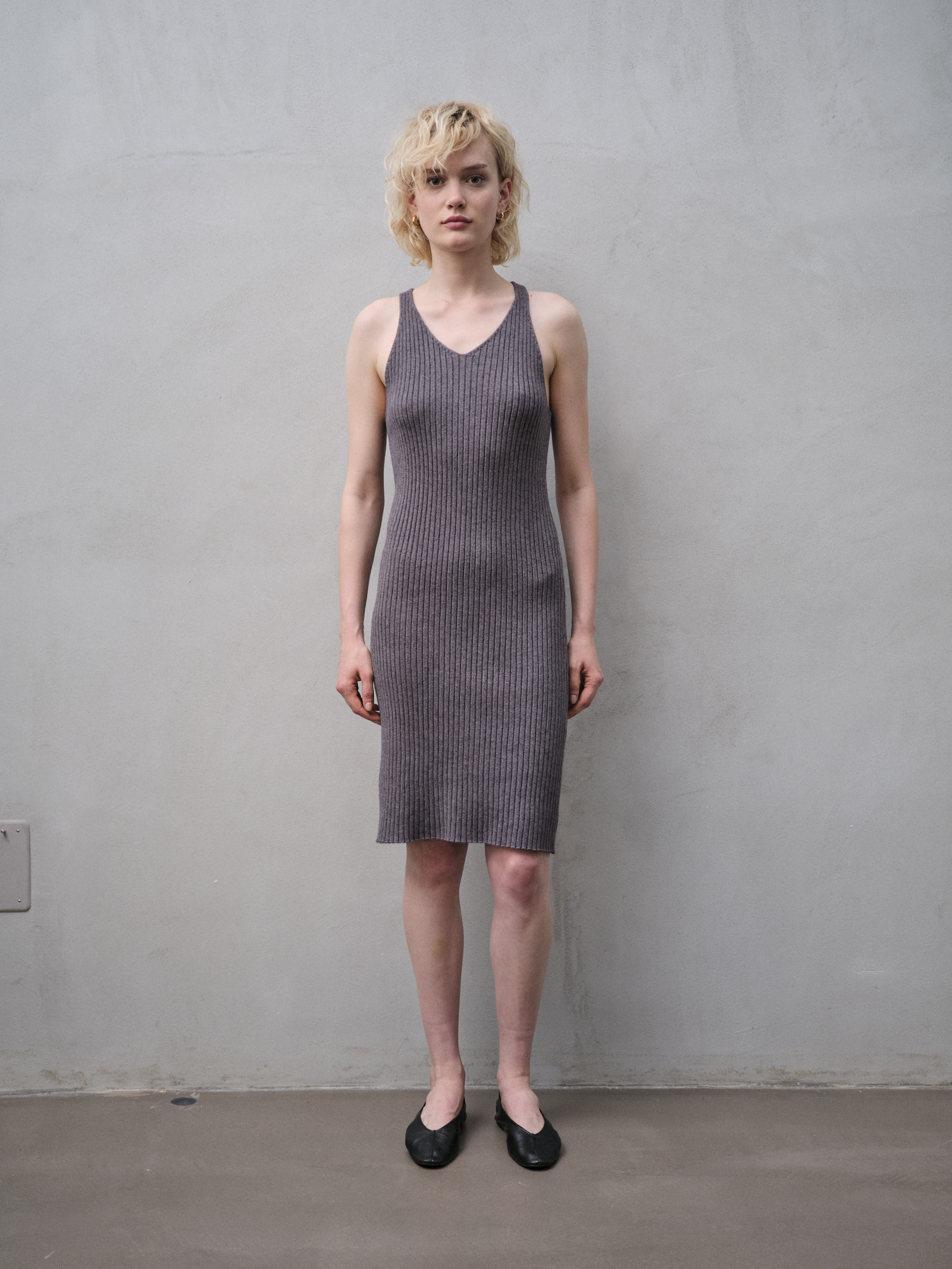 V-neck Ribbed Knit Midi Dress