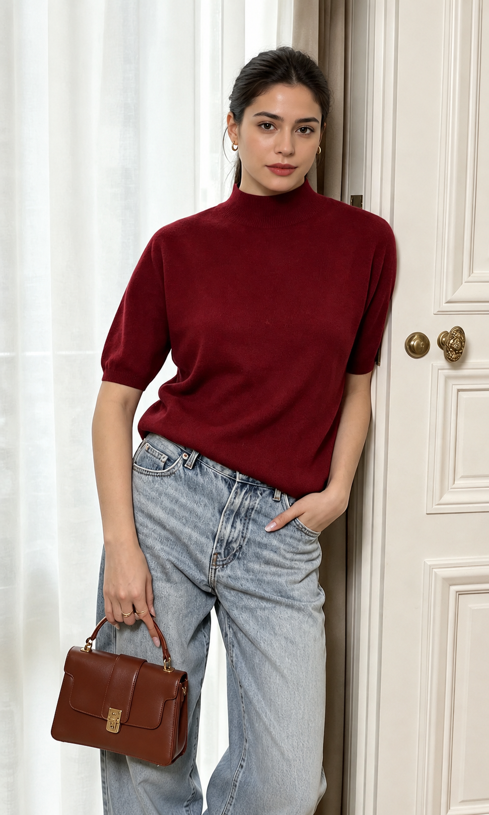 Cropped Funnel-Neck Sweater